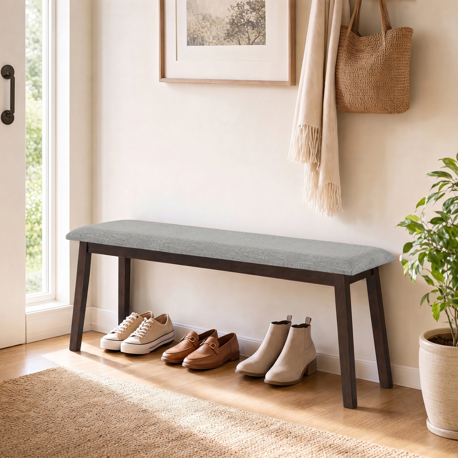 LJG 43.5 Inch Upholstered Entryway Bench with Rubber Wood Frame