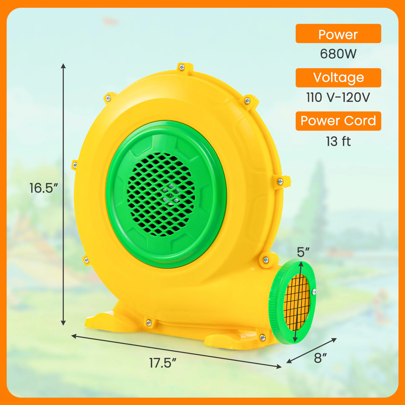 SUGIFT Yellow 680W Air Blower for Kids Bounce House with Carry Handle and 4 Ground Stakes 13-ft Power Cord
