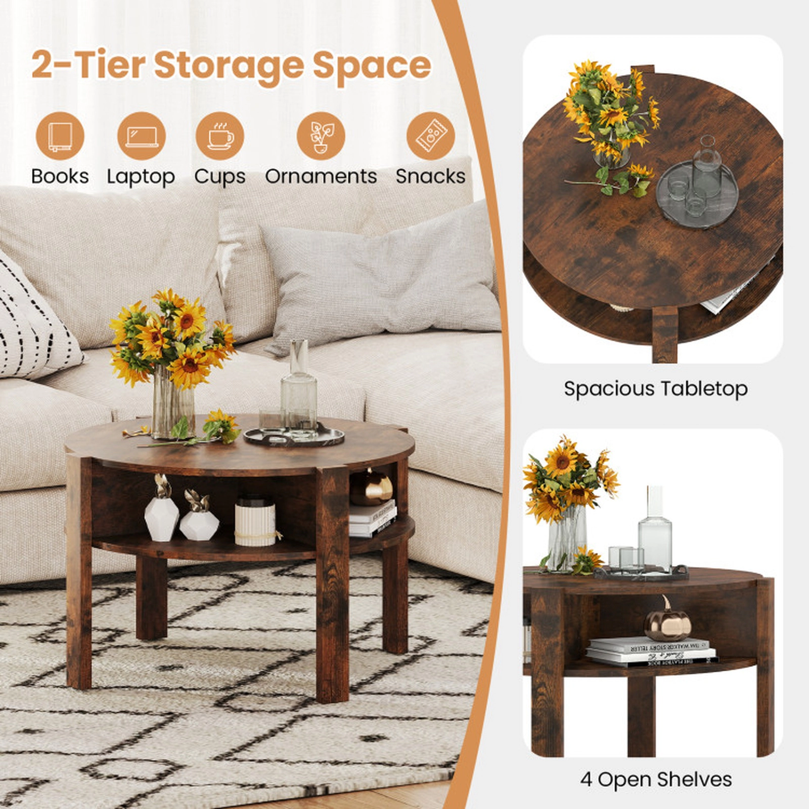 SUGIFT Round 27.5-in Top Side Storage Shelves Wood Coffee Table 29.5-in x 18-in 135-lb Capacity Rustic Brown