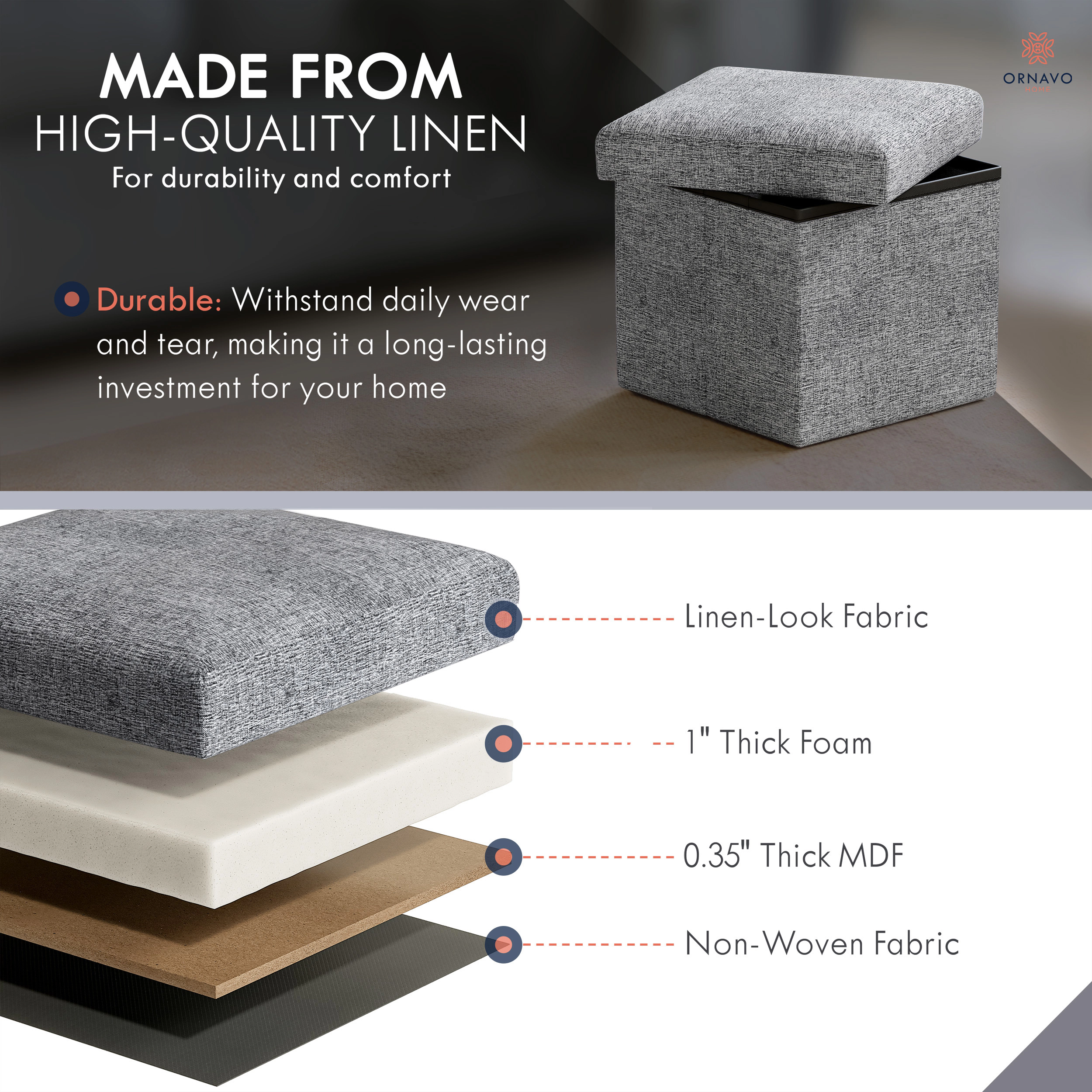Ornavo Home Collapsible Small 12" Inch Square Storage Ottoman