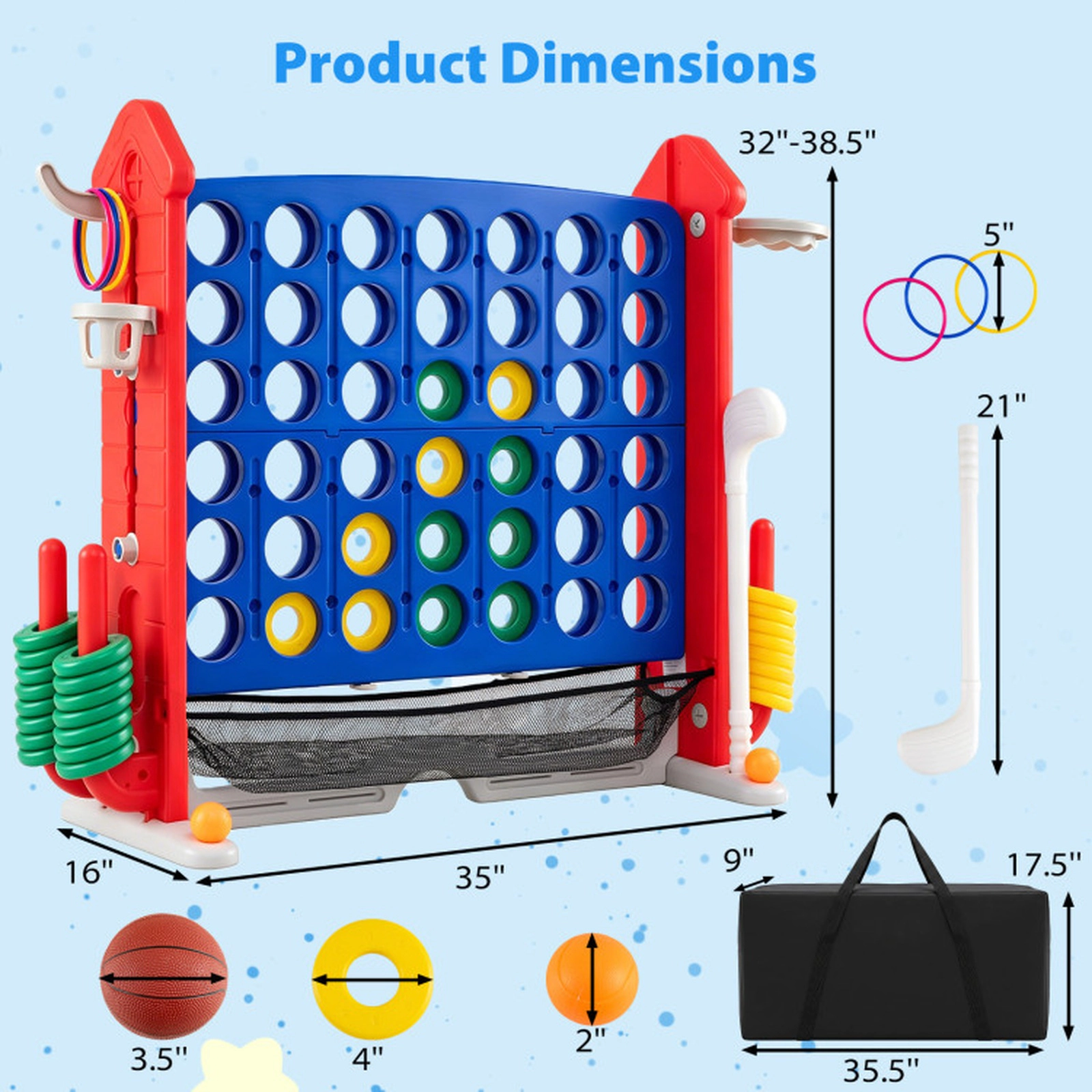 SUGIFT 4-in-1 Height Adjustable 4-in-a-Row Game with Mesh Storage Net Cup Holders and Carrying Bag