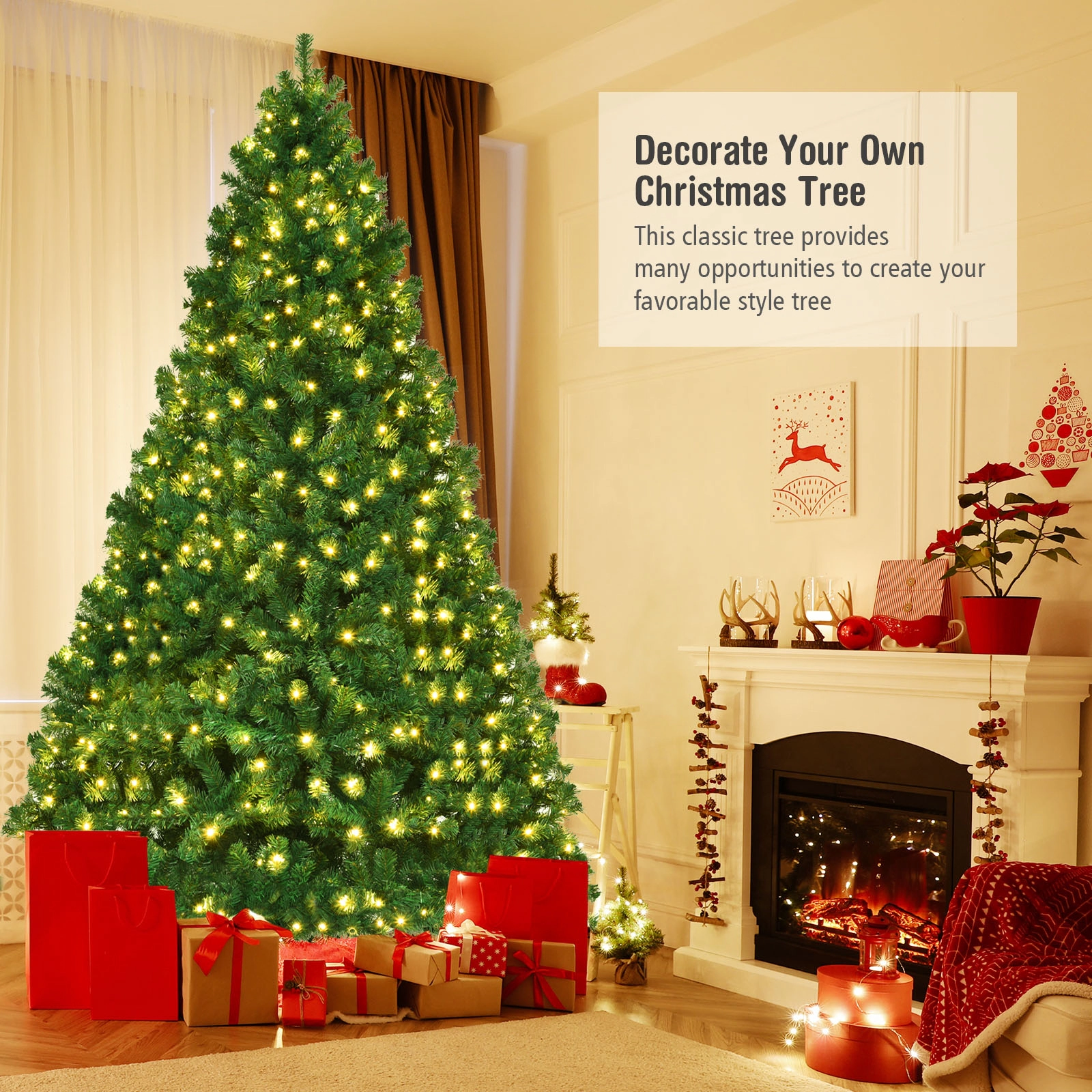 SUGIFT Green PVC Pre-Lit Artificial Christmas Tree with LED Lights and Metal Stand