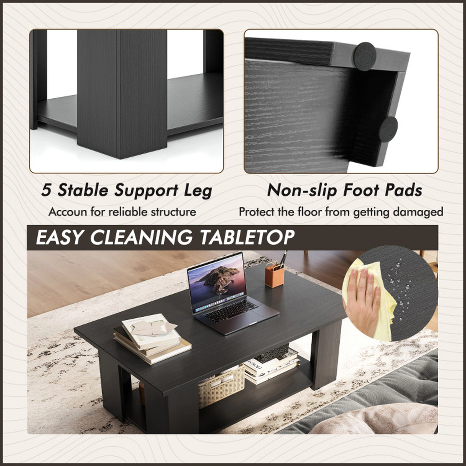 SUGIFT 41-in 210-lb Capacity Black 2-Tier Wooden Modern Coffee Table with Open Storage Shelf and Support Legs