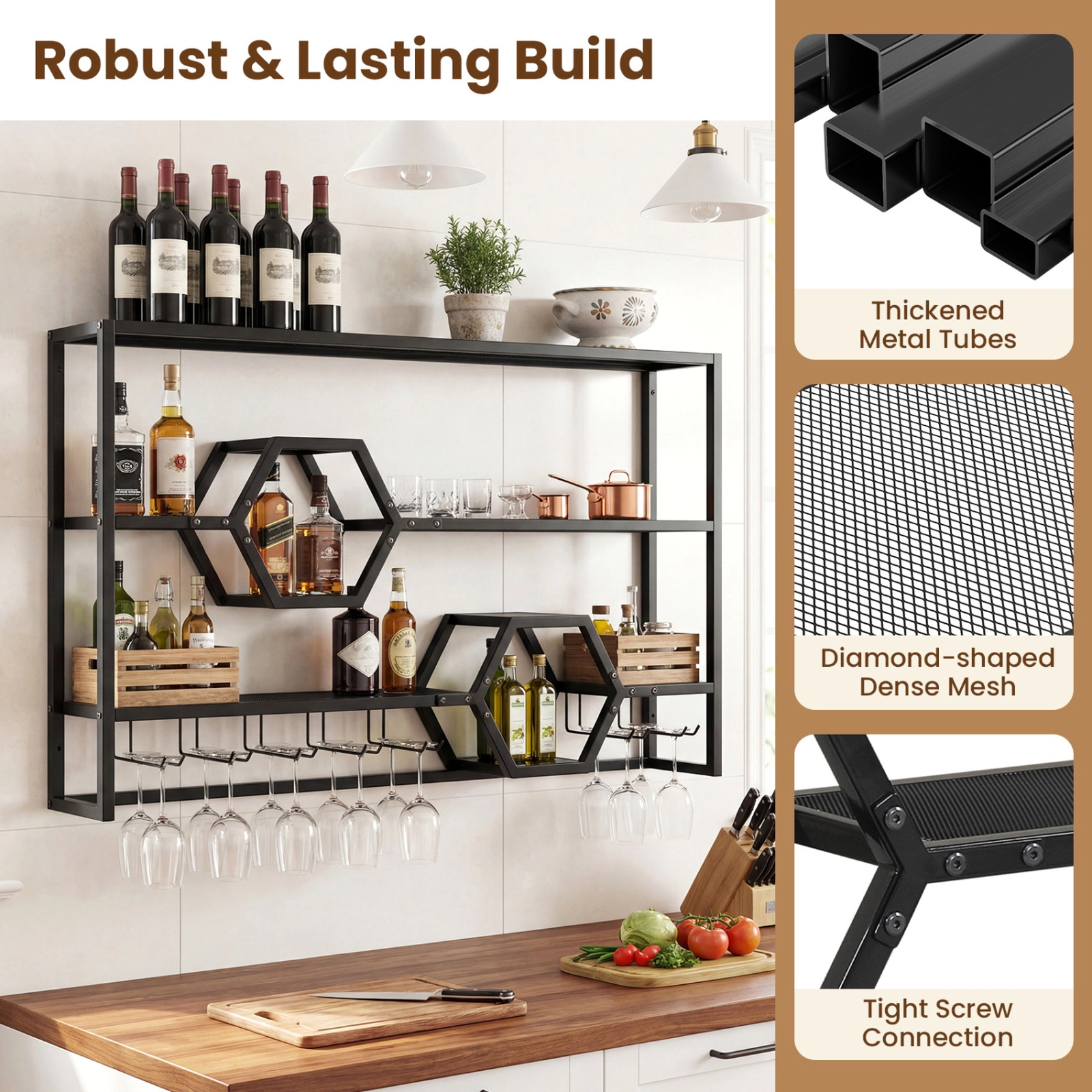 SUGIFT 47-in Wall Mounted Metal Wine Rack with 3 Floating Bar Shelves 352-lb Total Capacity Black/Gold
