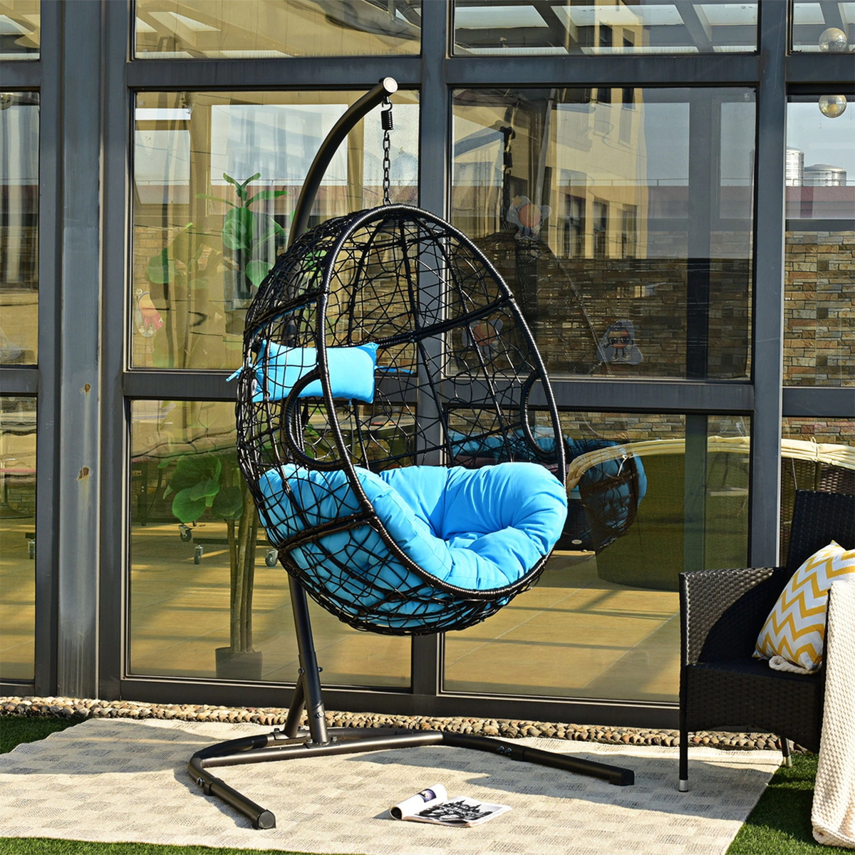 SUGIFT Blue Steel Stand and Pillow Hanging Cushioned Egg Hammock Chair