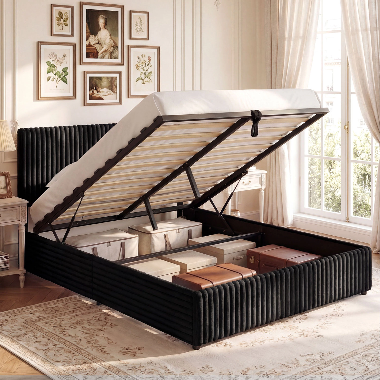 LJG Queen Lift-up Storage Bed with Wooden Slat Support