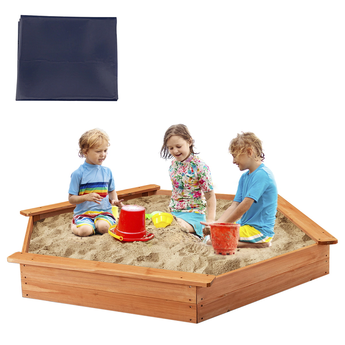 SUGIFT Hexagon Wooden Cedar Sandbox with Seat Boards 110-lb Bench Capacity Kids Over 3 Years Natural