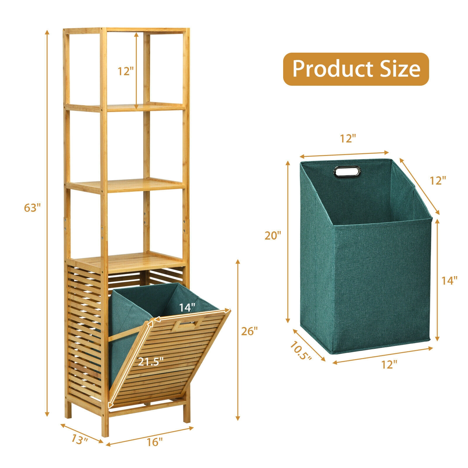 Glintex Bamboo Hamper Tower with Tilt-Out Bin and 3 Storage Shelves, Natural