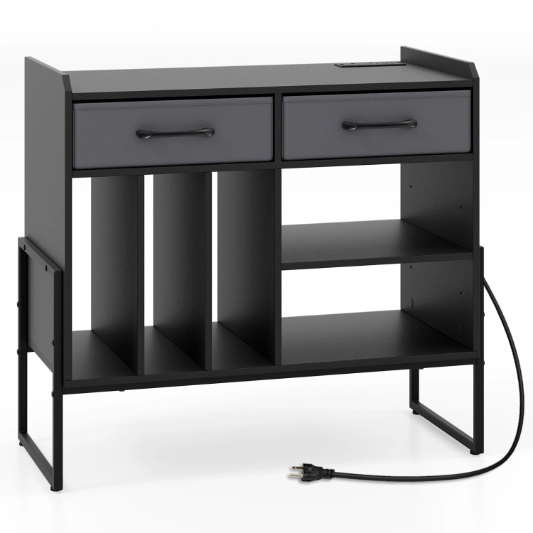 Hivvago Large Record Player Stand With Charging Station Mid Century Modern Vinyl Storage Cabinet