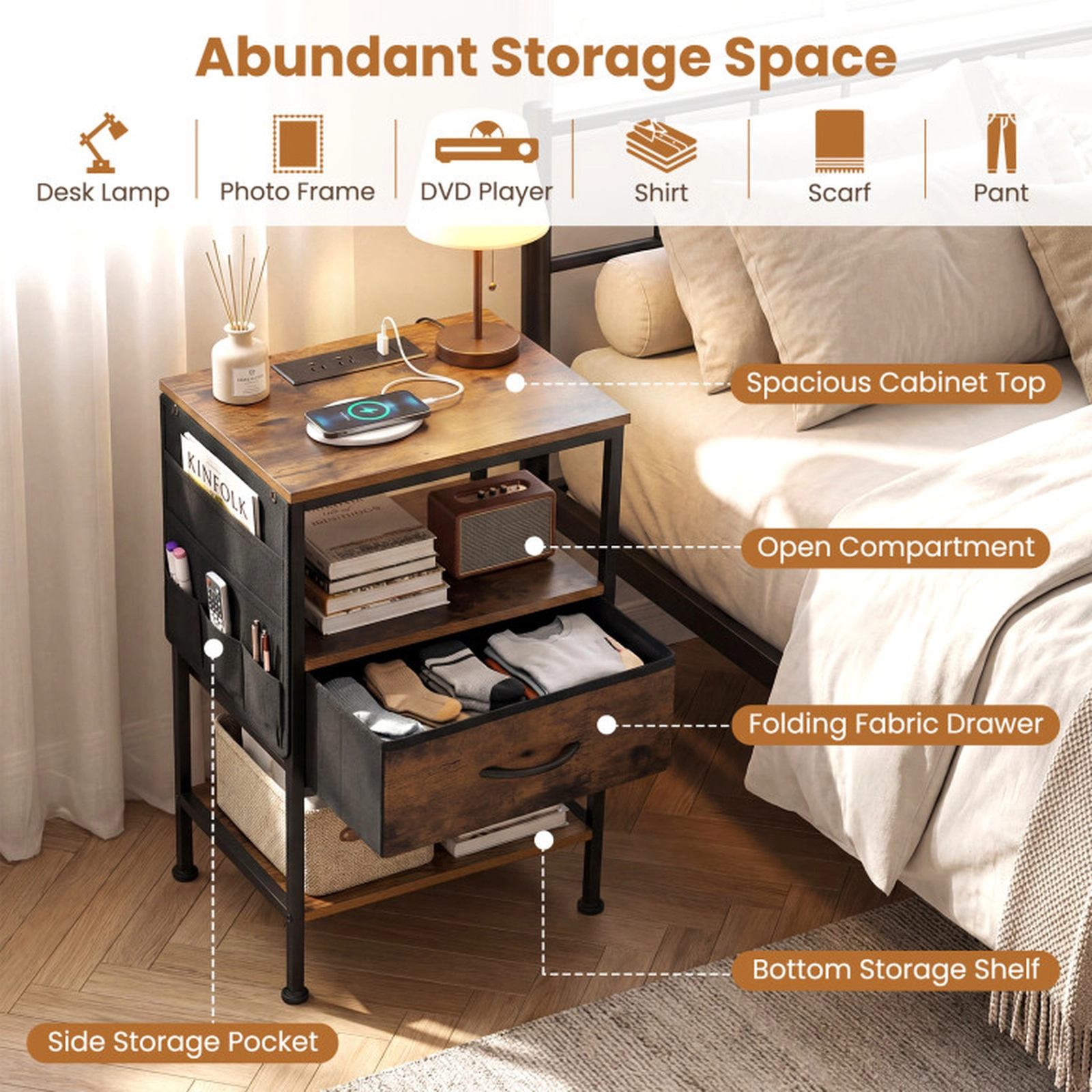 SUGIFT 24.5-in Rustic Brown Metal Nightstand with Charging Station, Fabric Drawer and Side Pocket