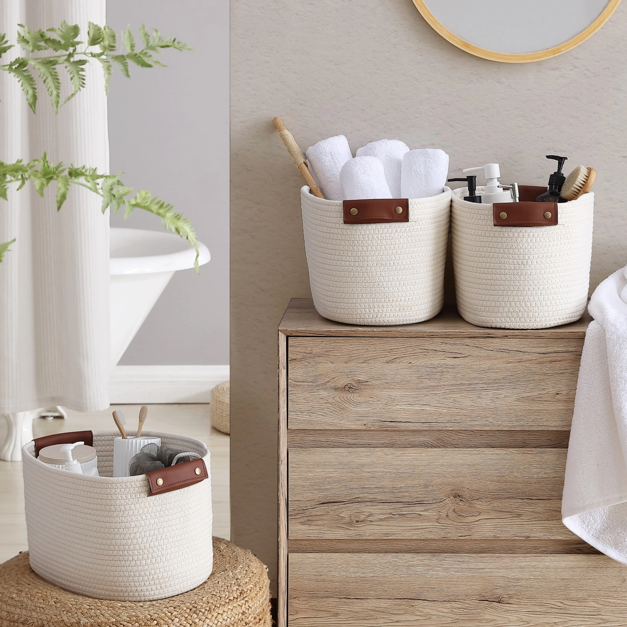 Ornavo Home 3 Pack Cotton Rope Shelf Basket with Faux Leather Handles - 15" x 10" 9"