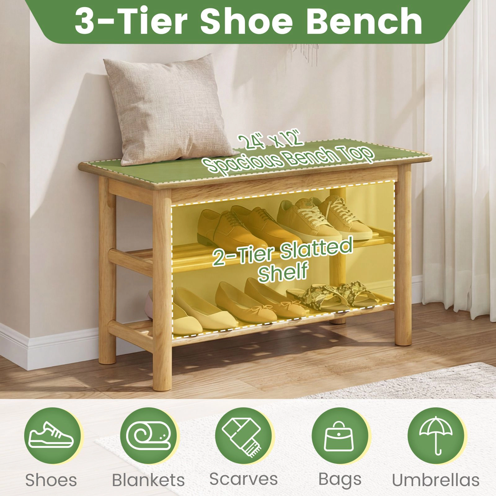 SlickBlue Wooden Shoe Bench with 2-Tier Storage Shelves and Seat