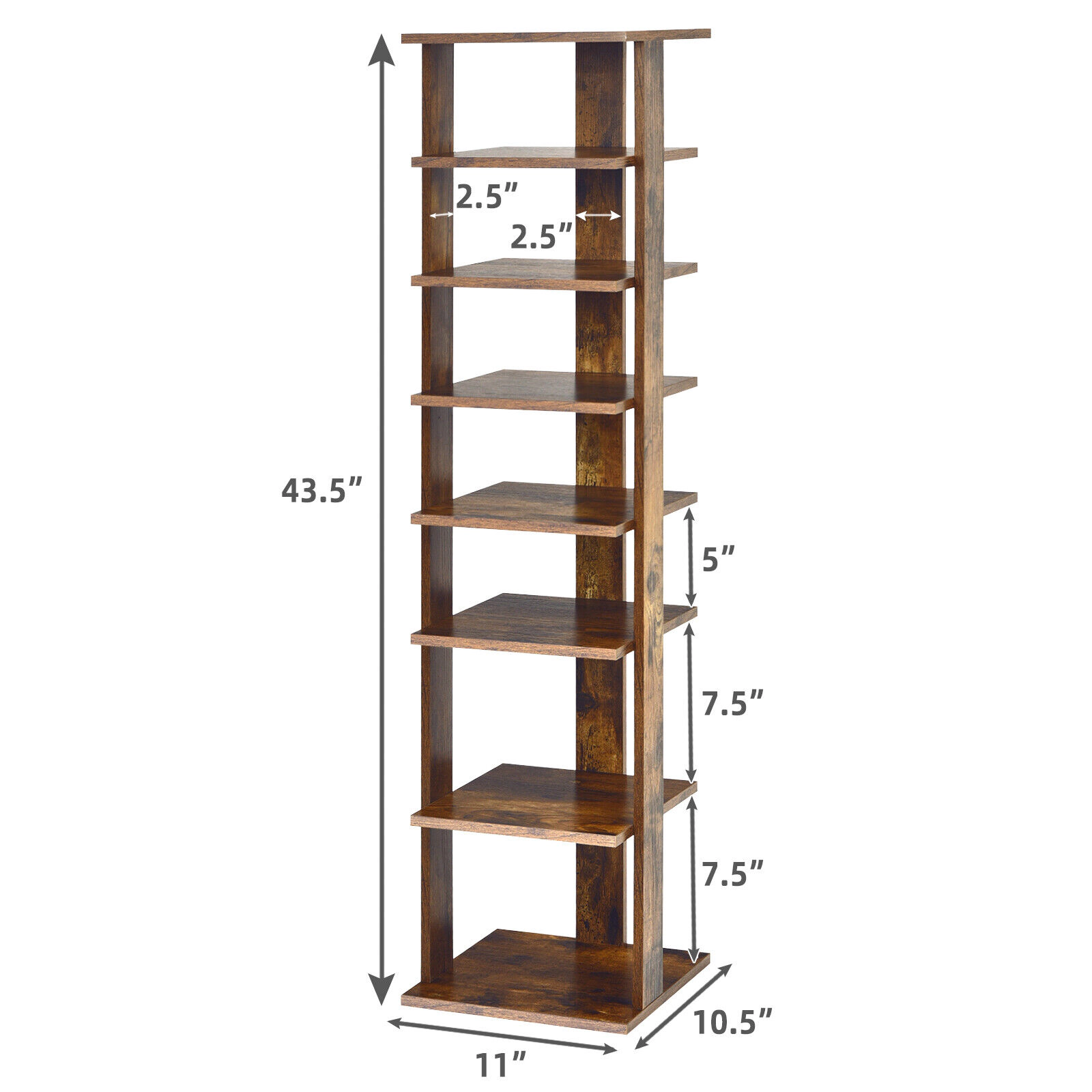 SUGIFT 7-Tier Rustic Brown 43-in Tall Narrow Vertical Wood Shoe Rack Storage Tower for Hallway Entryway