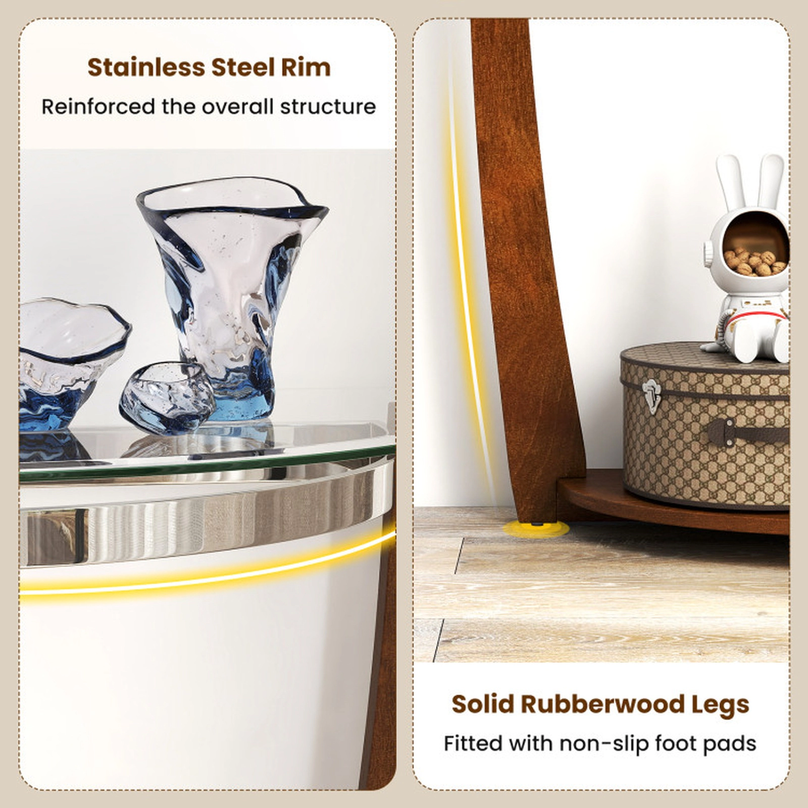 SUGIFT 2-tier Tempered Glass Console Table Half-Moon Top 300-lb Tabletop Capacity 200-lb Shelf Capacity Black/Walnut