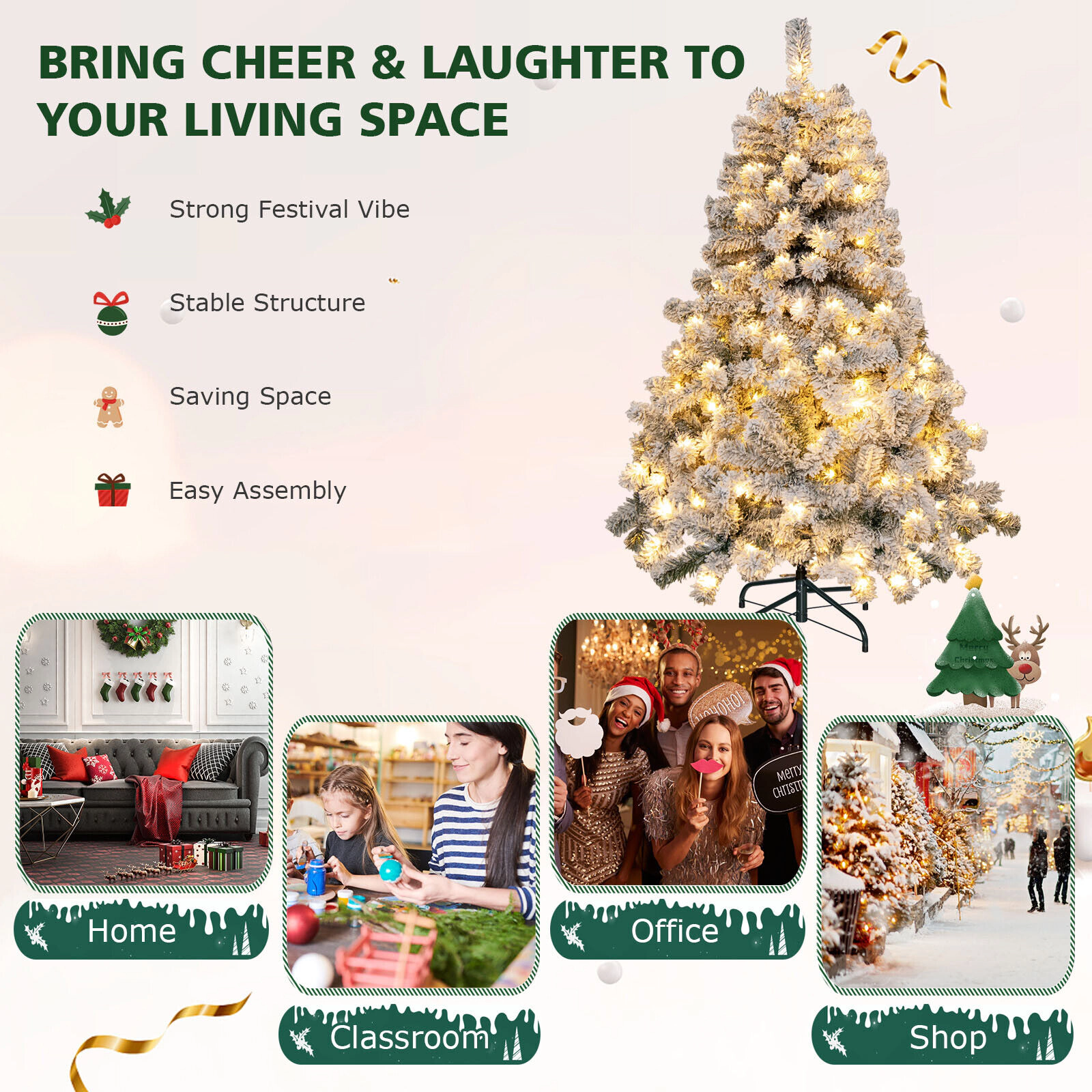 SUGIFT 4.5 ft Pre-Lit Snow Flocked Christmas Tree with 295 Branch Tips and 150 LED Lights