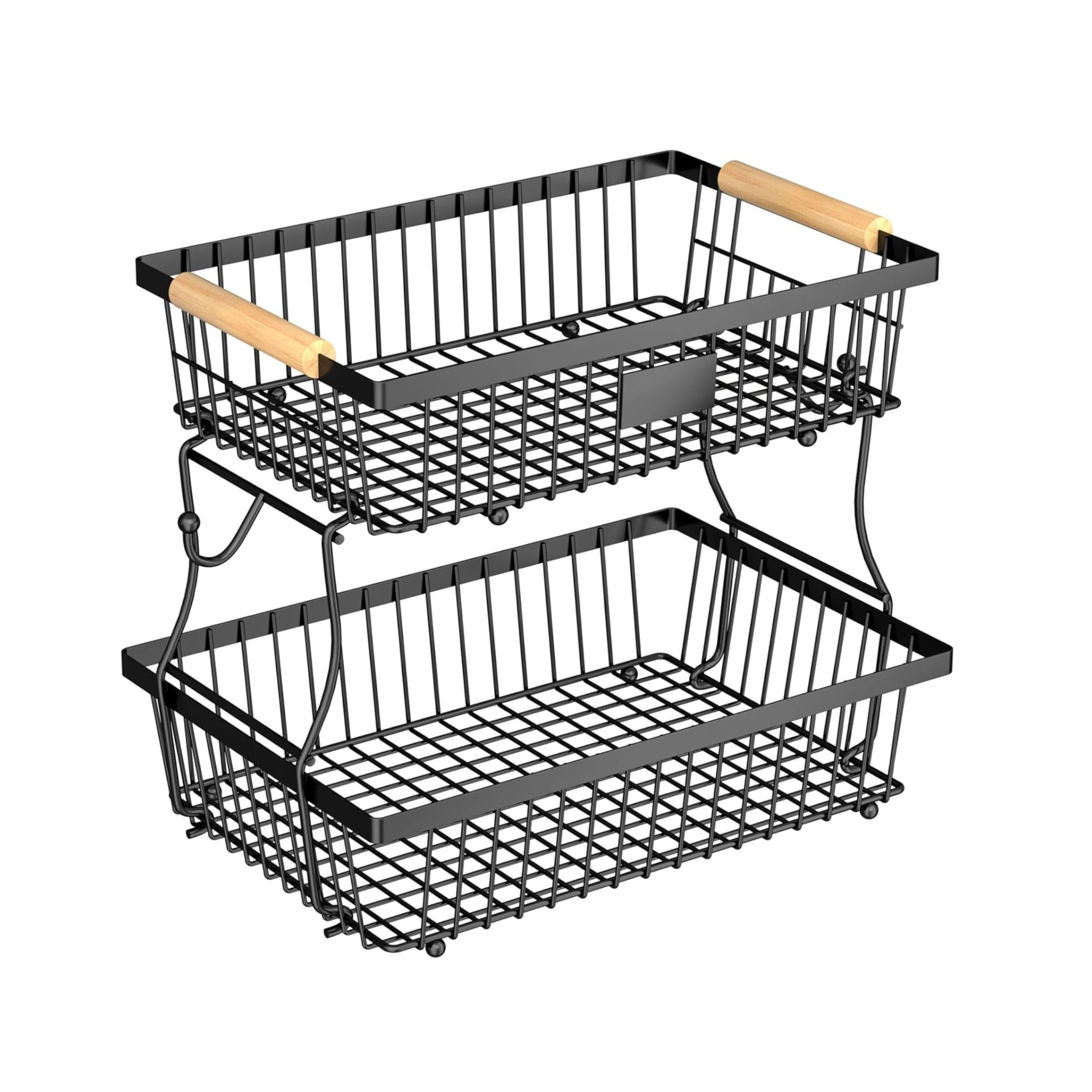 Stock Preferred 2 Tier Metal Fruit Basket with Banana Hangers and Wooden Handle