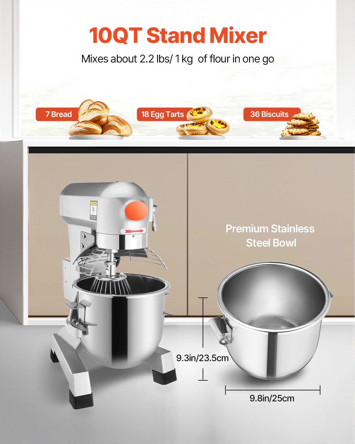 HONGGE Commercial Food Mixer 3 Speeds Adjustable 110/ 178/390 RPM Heavy Duty 110V with Stainless Steel Bowl Dough Hooks