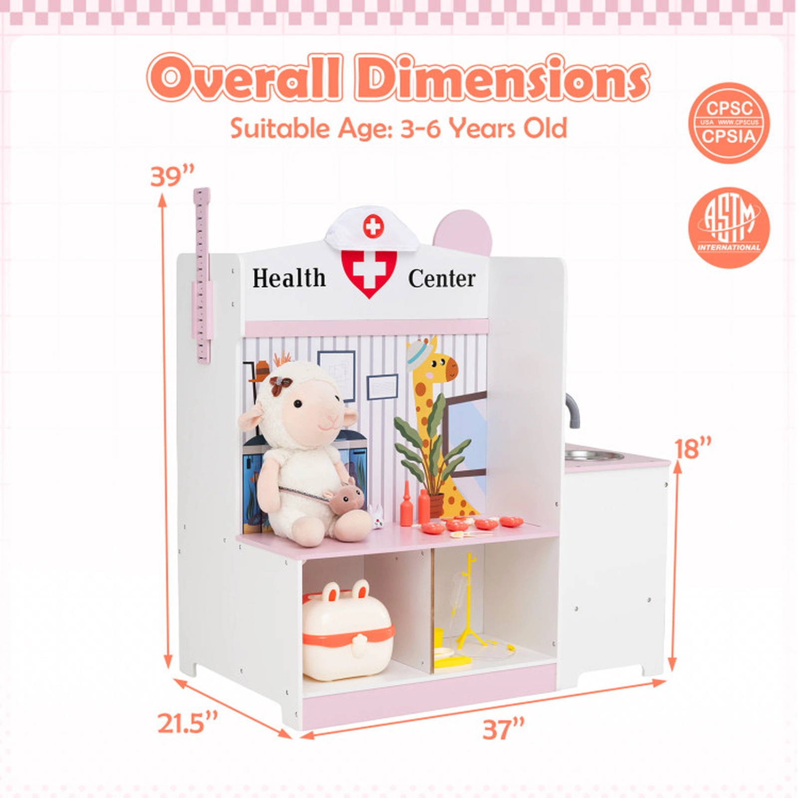 SUGIFT Kids Doctor Play Set with Adjustable Height Bar Medical Station Ages 3-6 with 27 Accessories Pink and White