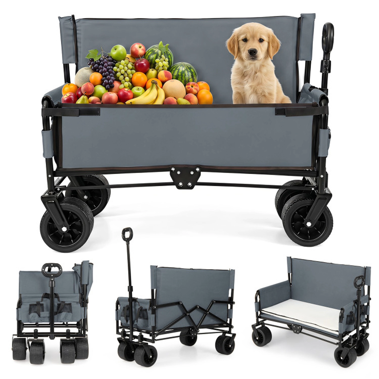SUGIFT 2-in-1 176-lb Capacity Collapsible Beach Wagon Cart with Bench Seat Cushions and Adjustable Handle