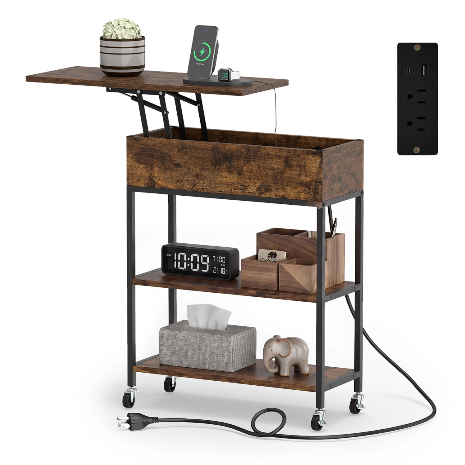 Glintex Lift-Top End Table with Charging Station Hidden Compartment and Casters, Rustic Brown