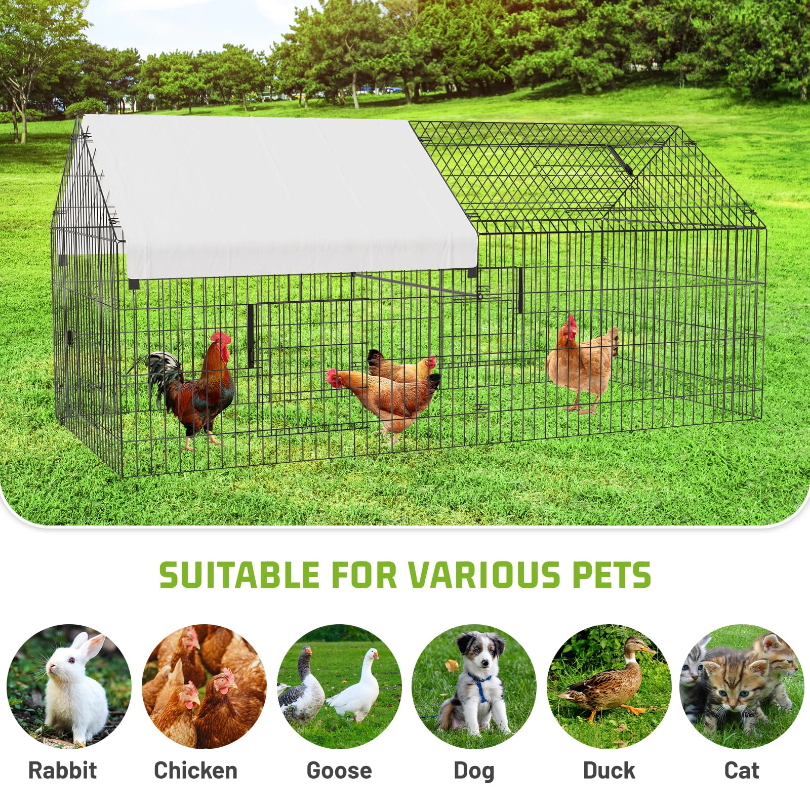 Walk-In Poultry Chicken Coop, Portable Metal Rabbit Habitat Cage with Waterproof Protective Cover