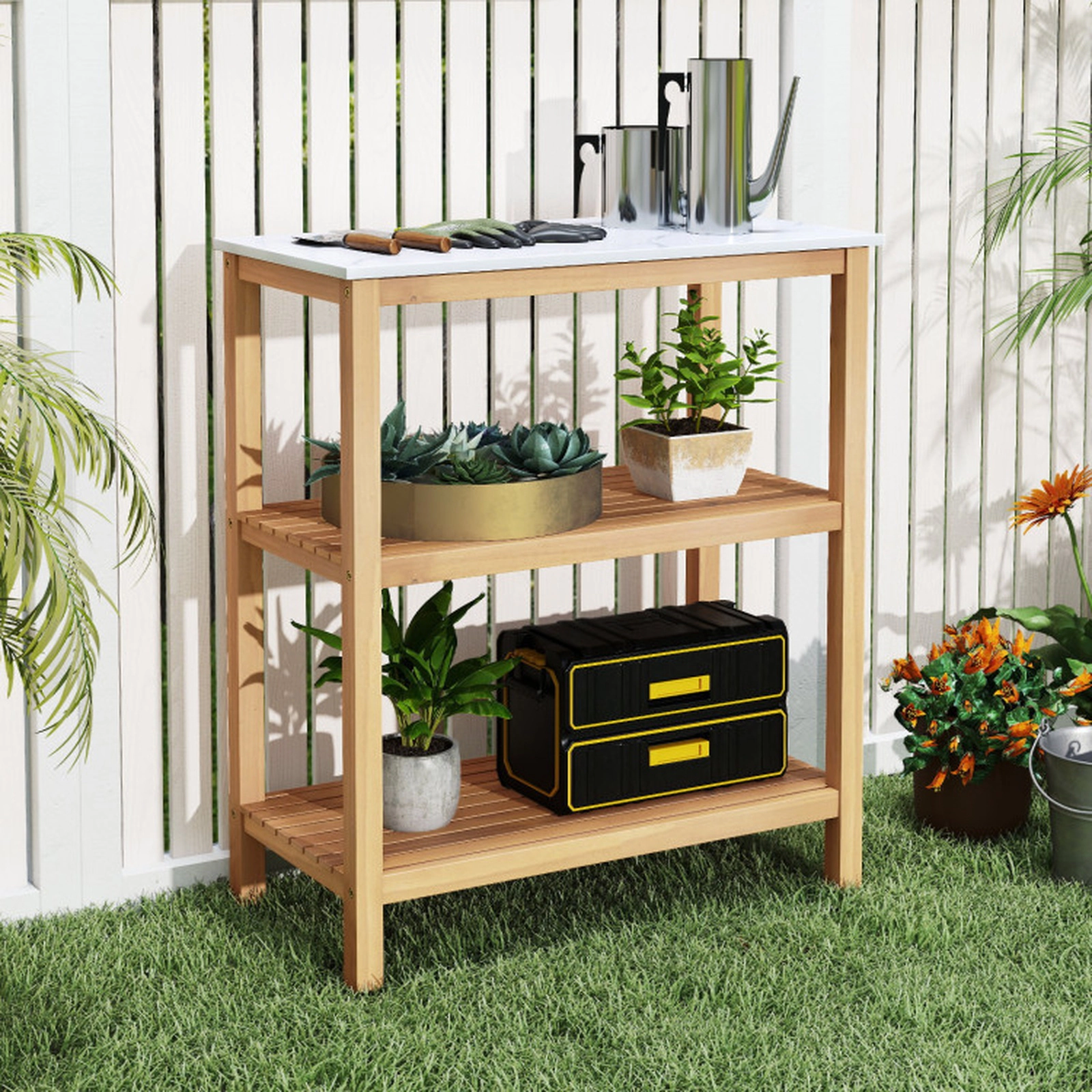 SUGIFT 3-Tier Garden Potting Bench Table with Marble-Like Countertop 155-lb Countertop Capacity Natural