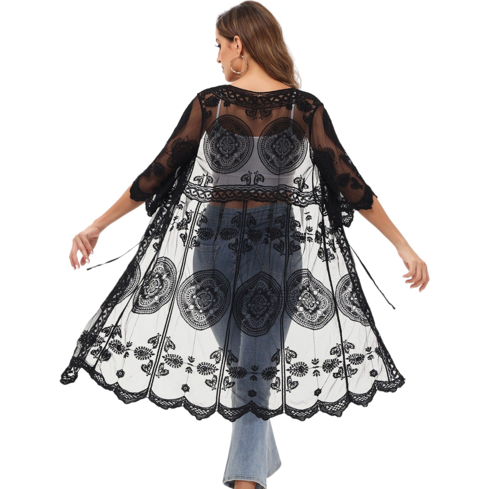 Anna-Kaci Women's Half Sleeve Tie Front Embroidered Lace Duster Cardigan