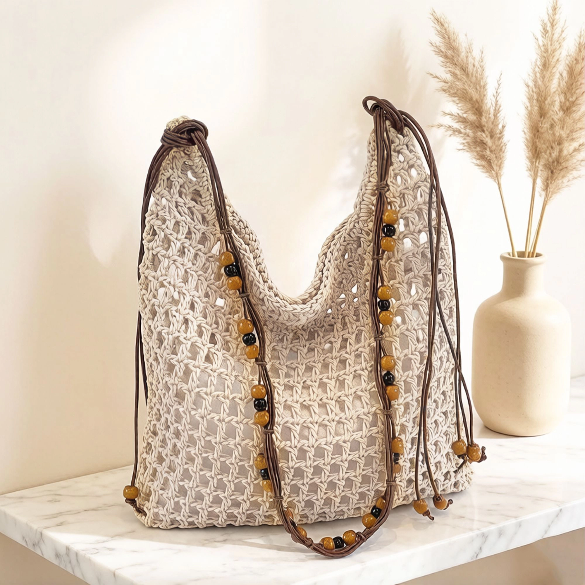Alilang Women's Crochet Shoulder Bag with Beaded Strap Tassel Drawstring Detail Lightweight Knit Hobo Handbag