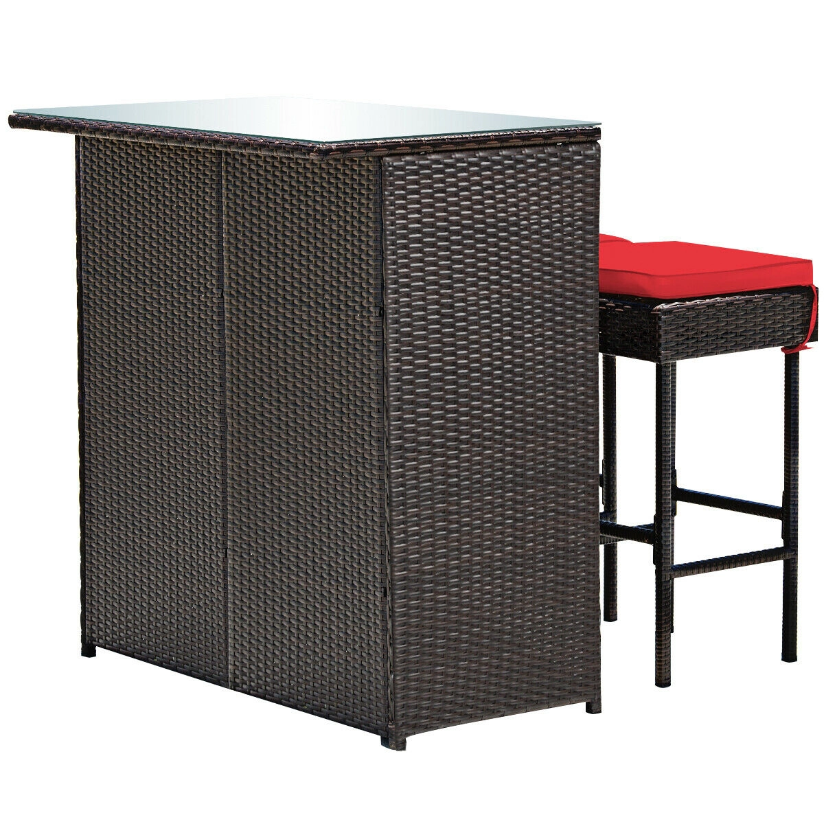 SUGIFT 3-Piece Brown Patio Rattan Bar Set with Glass-Top Table, Shelf and 2 Stools