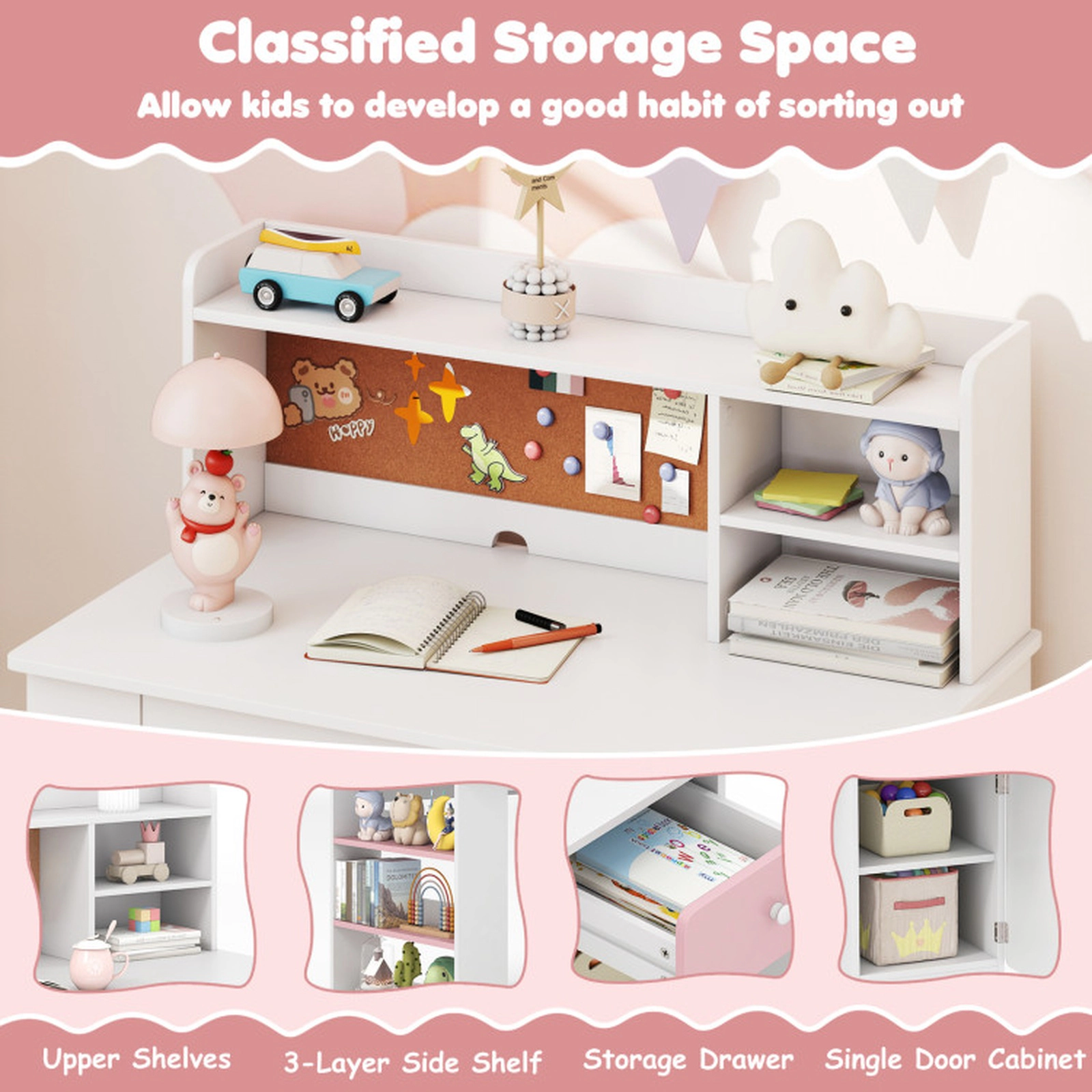 SUGIFT Pink Hutch Drawer and 3-Layer Side Shelf Kids Desk and Chair Set