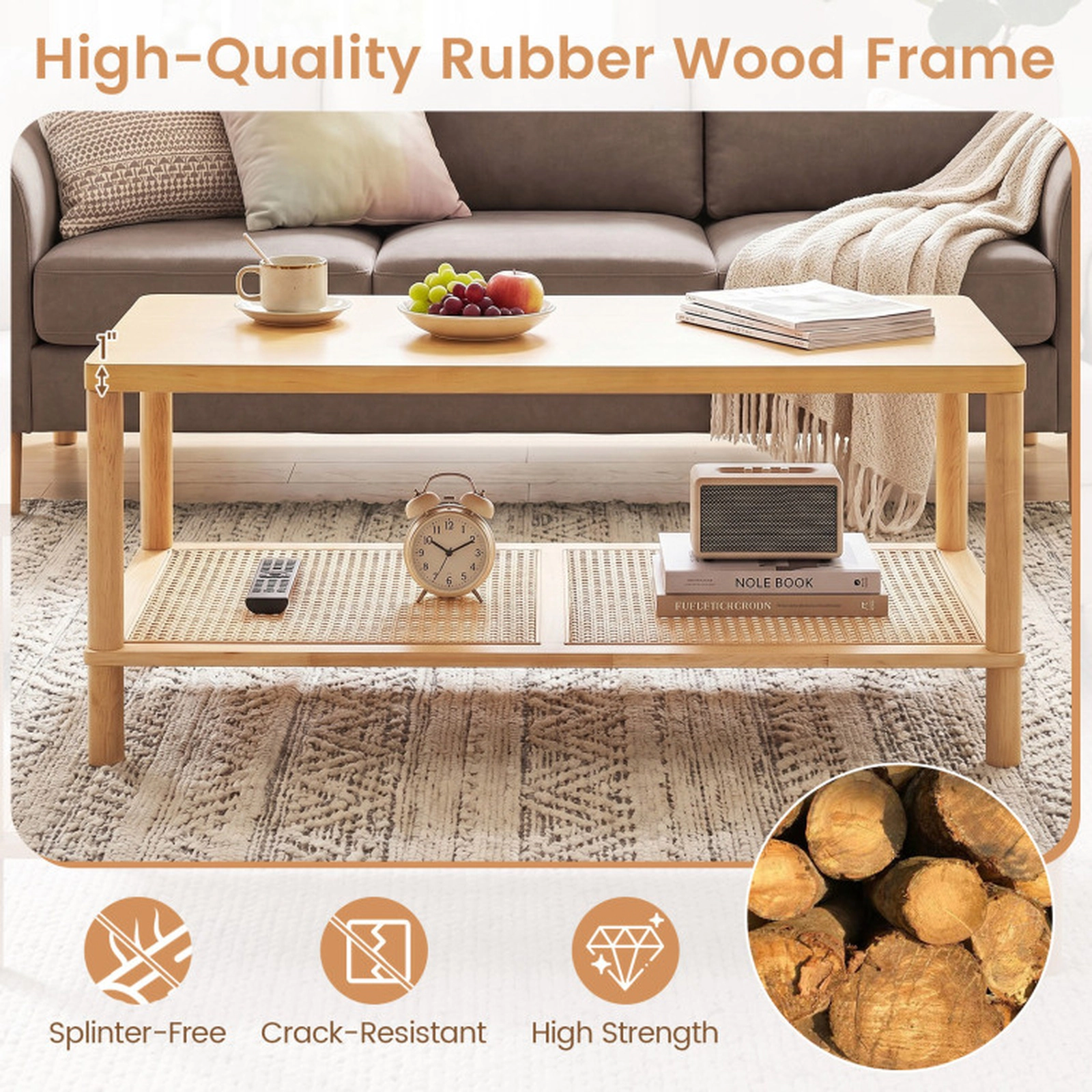 SUGIFT 39-in 185-lb Capacity 2-Tier Boho Rectangular Coffee Table with PVC Rattan Shelf and Rubber Wood Frame
