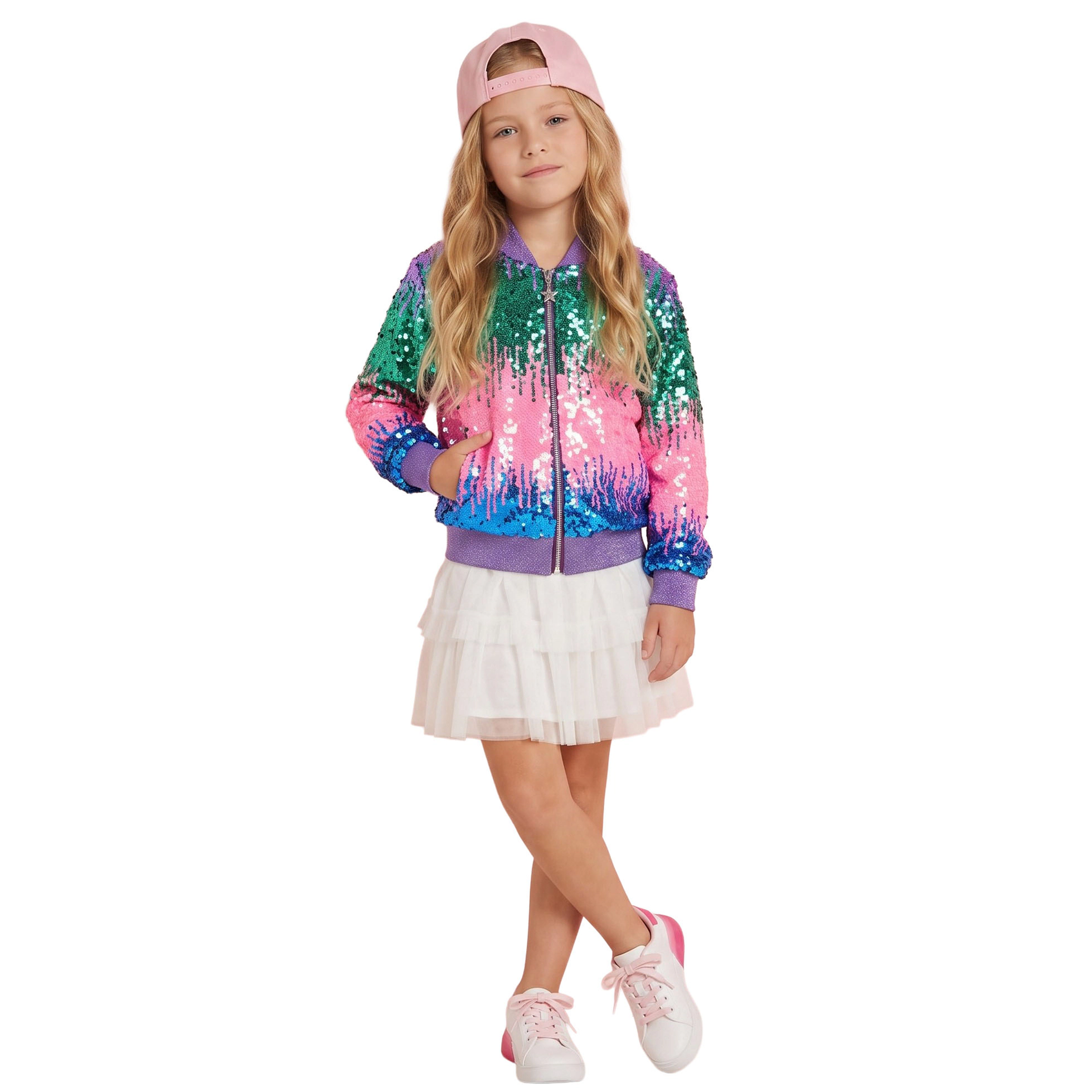 2Bunnies Girls' Aurora Gradient Sequin Holiday Party Bomber Jacket