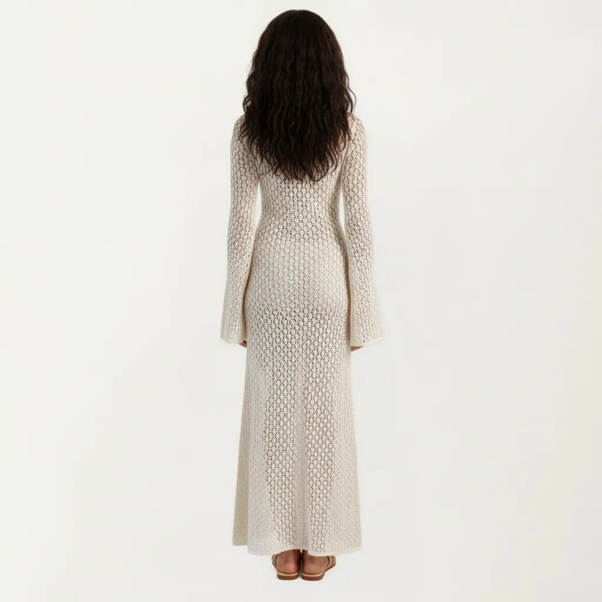 Anna-Kaci Women's Sheer Knit Crochet Long Bell Sleeve Deep V Neck Maxi Swim Cover Up Dress