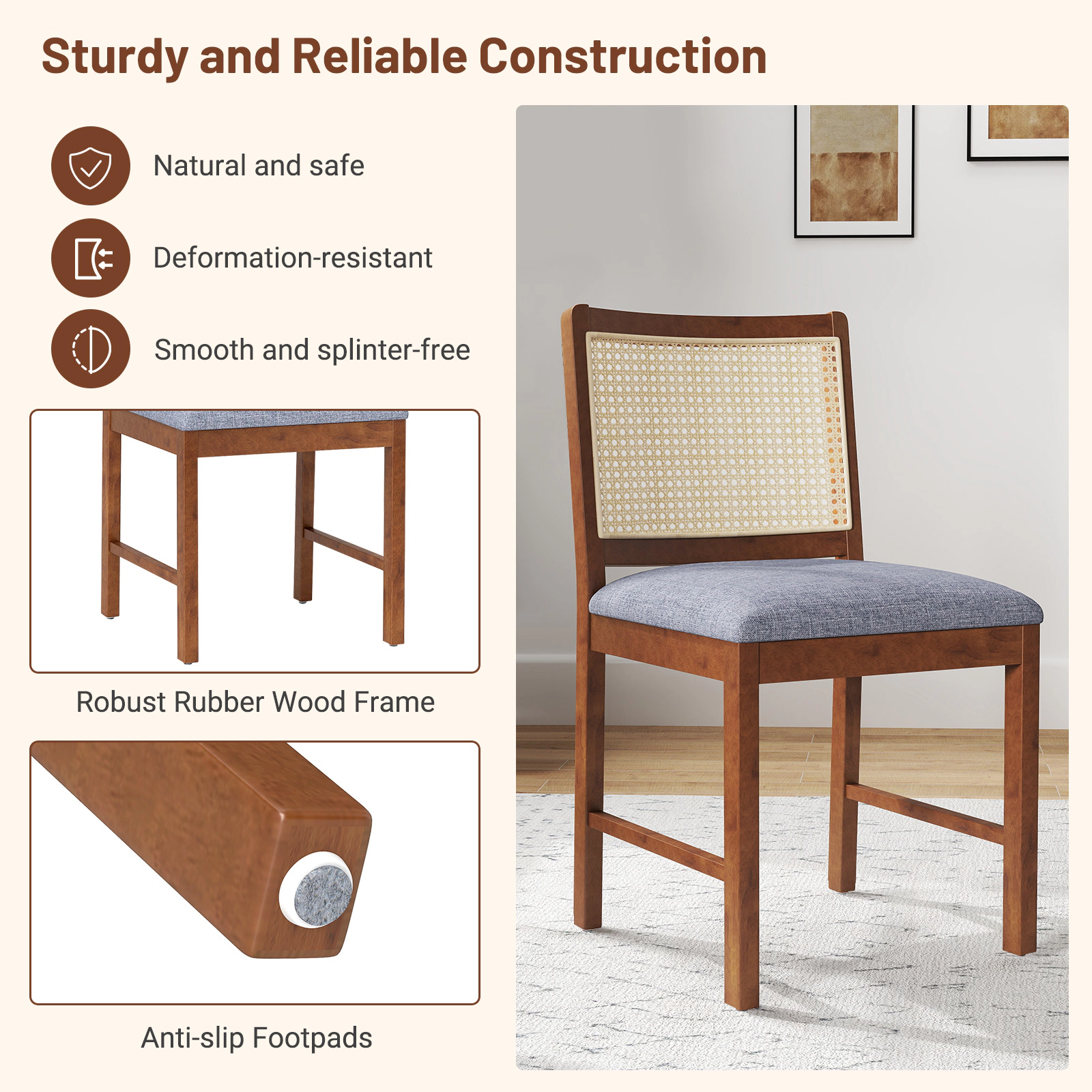 SUGIFT Natural Rubber Wood Rattan Dining Chair with Linen Padded Seat 220-lb Capacity Brown Gray Yellow