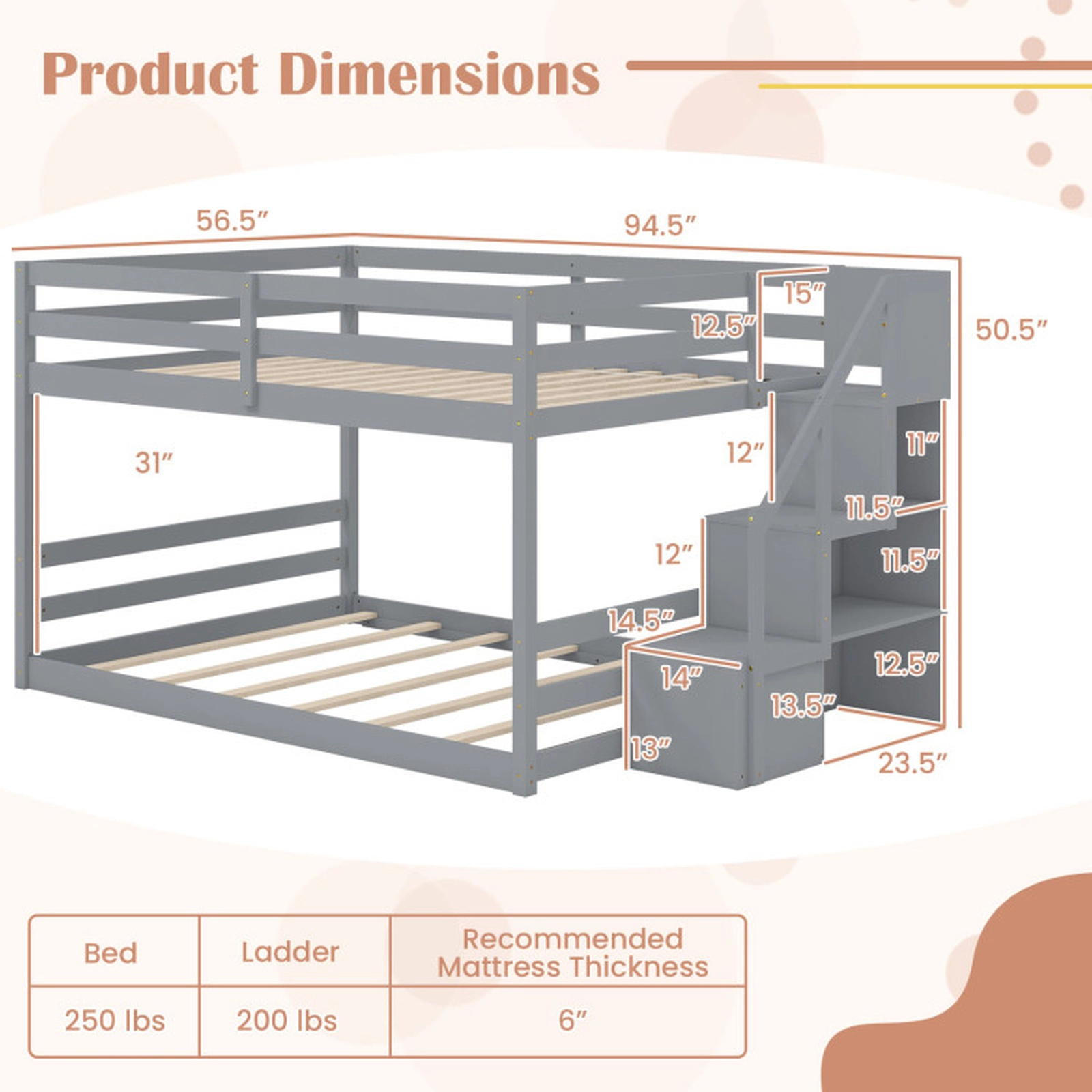 SUGIFT Kids Full Over Full Storage Stairs Solid Wood Low Bunk Bed 94.5-in x 56.5-in x 50.5-in 250-lb Capacity Gray