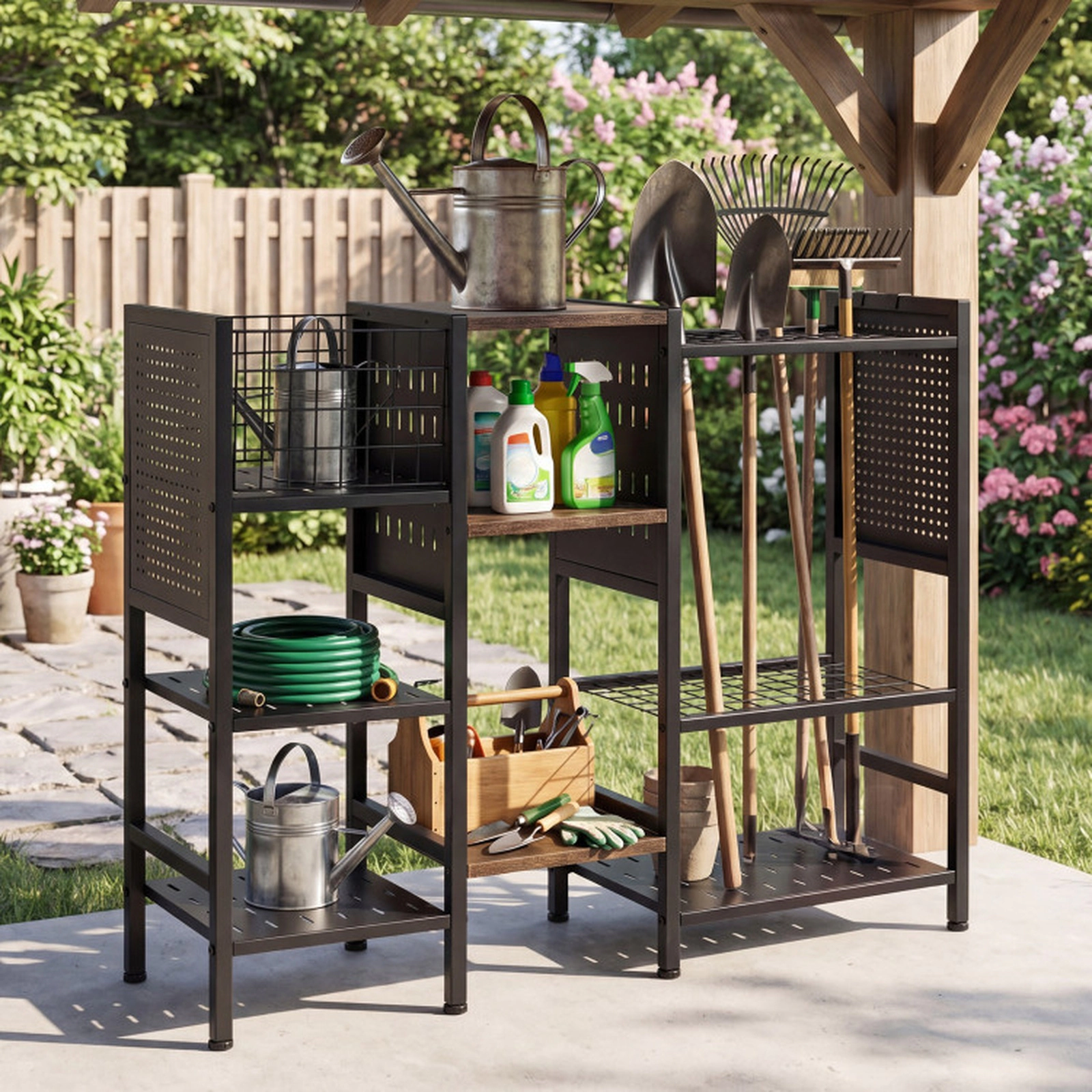 SUGIFT 40-in Wide Garden Tool Organizer with Metal Frame and Wooden Shelves 22-lb Tier Capacity Black and Rustic Brown