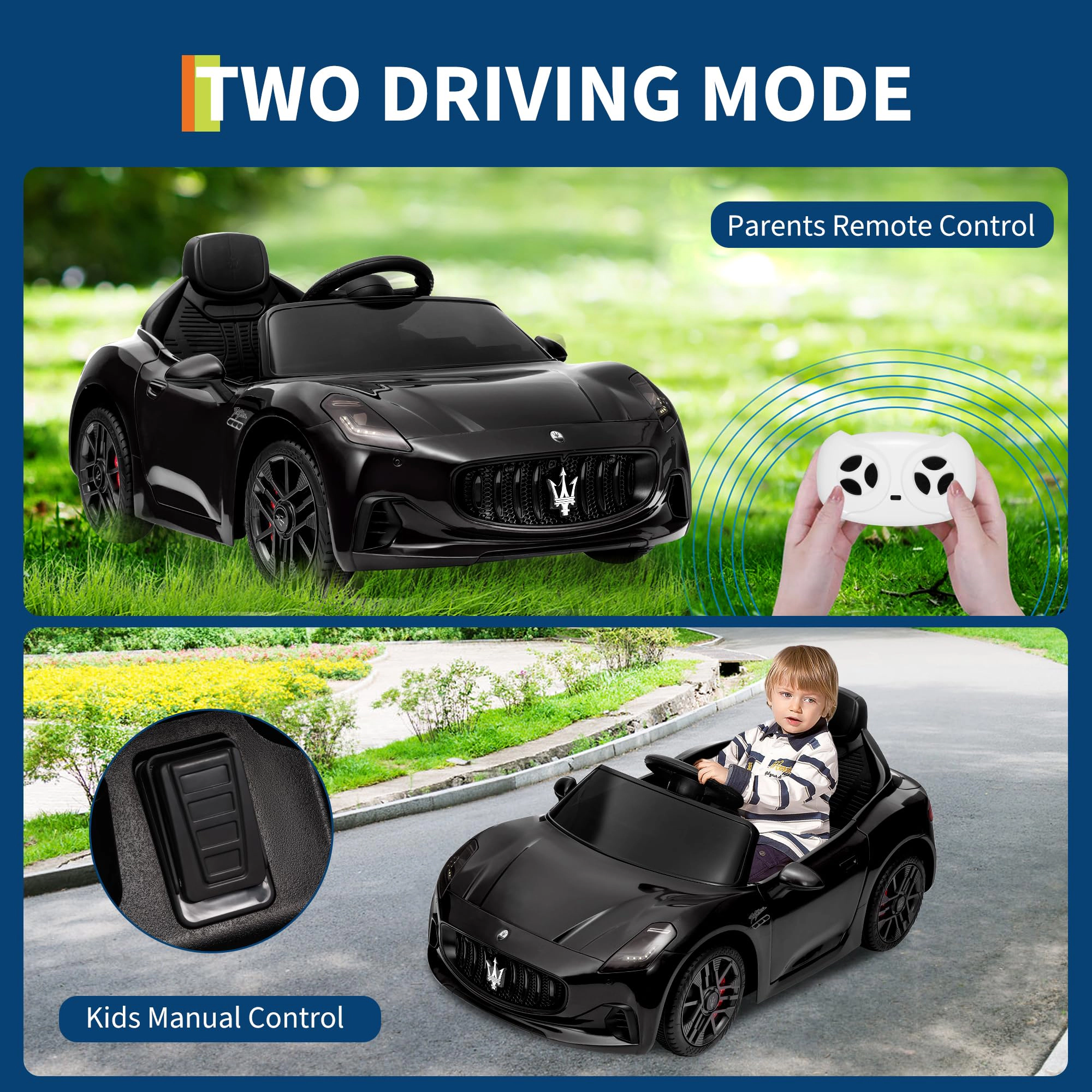 Enjyam Licensed Maserati Gran Cabrio Ride On Car, 12V Electric Vehicle for Kids with Remote Control, Lights