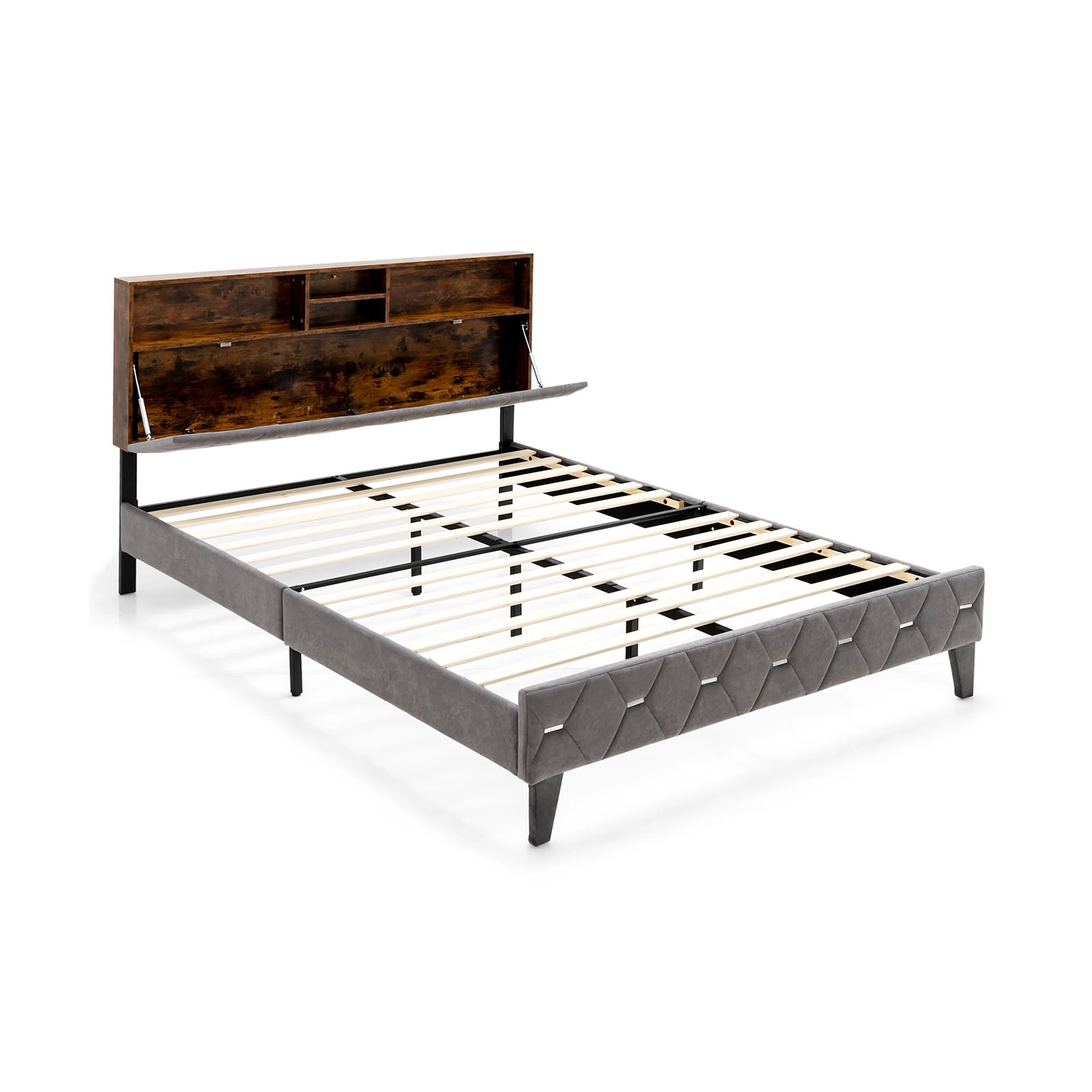 SUGIFT Full/Queen Size Upholstered Bed Frame with Storage Headboard 1000-lb Capacity Rustic Brown + Gray