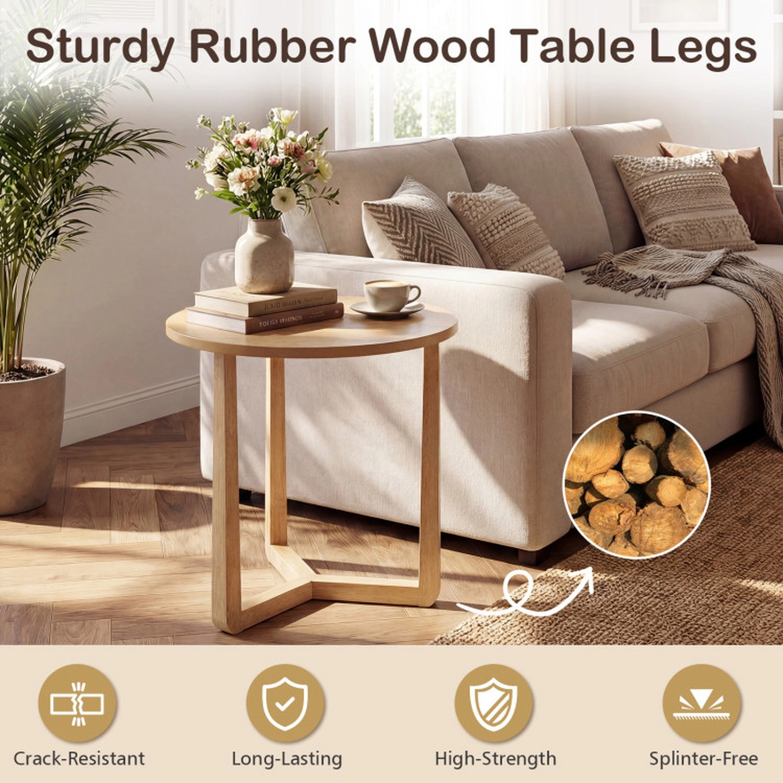 SUGIFT Triangular Rubber Wood Legs 0.7-in Top Farmhouse End Table 22.5-in Diameter 21-in Tall 176-lb Capacity Natural