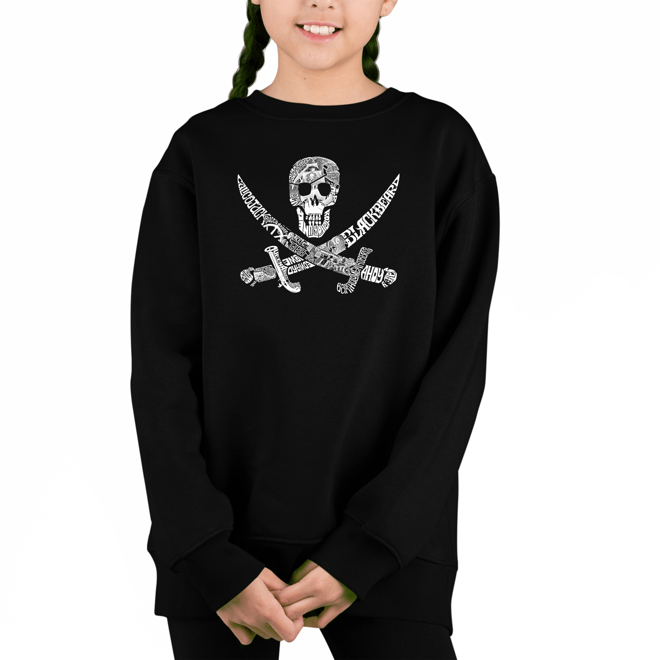 LA Pop Art Girl's Word Sweatshirt - Pirate Captains, Ships And Imagery