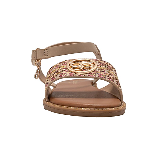 bebe Girl's Fashion Sandals - Dressy Shoes with Raffia Upper and Logo Medallion Accent
