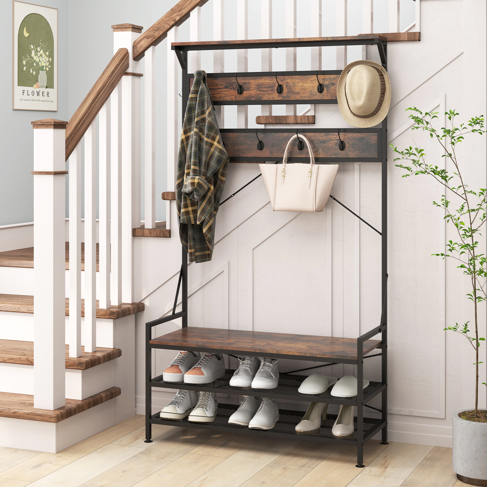 SUGIFT 72.5-in 4-in-1 Entryway Hall Tree with Coat Rack 11 Hooks Storage Shoe Bench and 2-Tier Rack