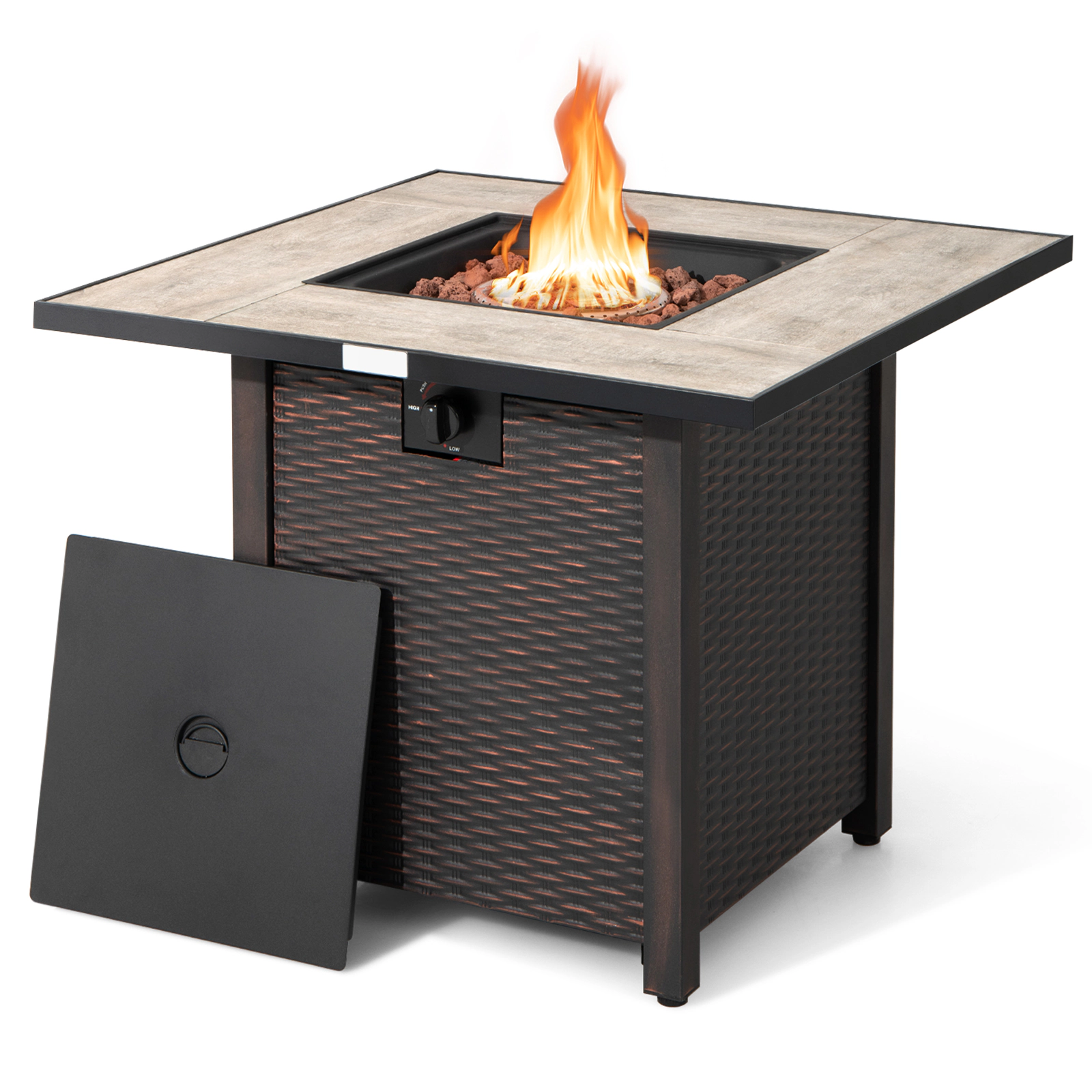 SUGIFT Square Brown Propane Gas Fire Pit Table with Ceramic Tabletop and Lava Rocks 30-in W 30-in D 25-in H