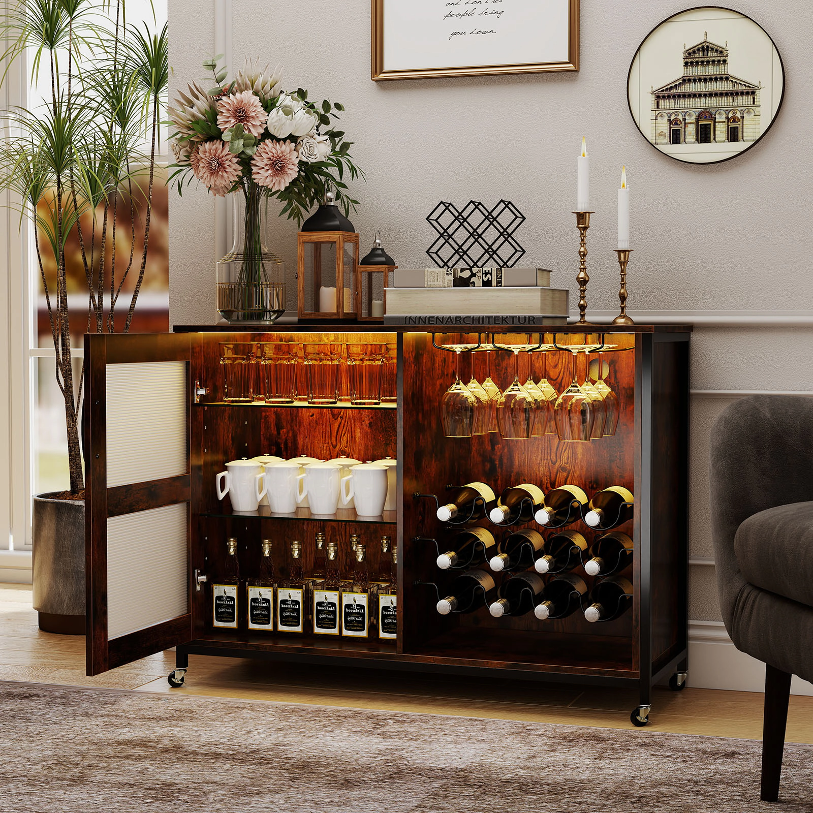 SUGIFT Rustic Brown 42.5-in Wine Bar Cabinet with LED Light Glass Doors 12-Bottle Rack and Glass Holder