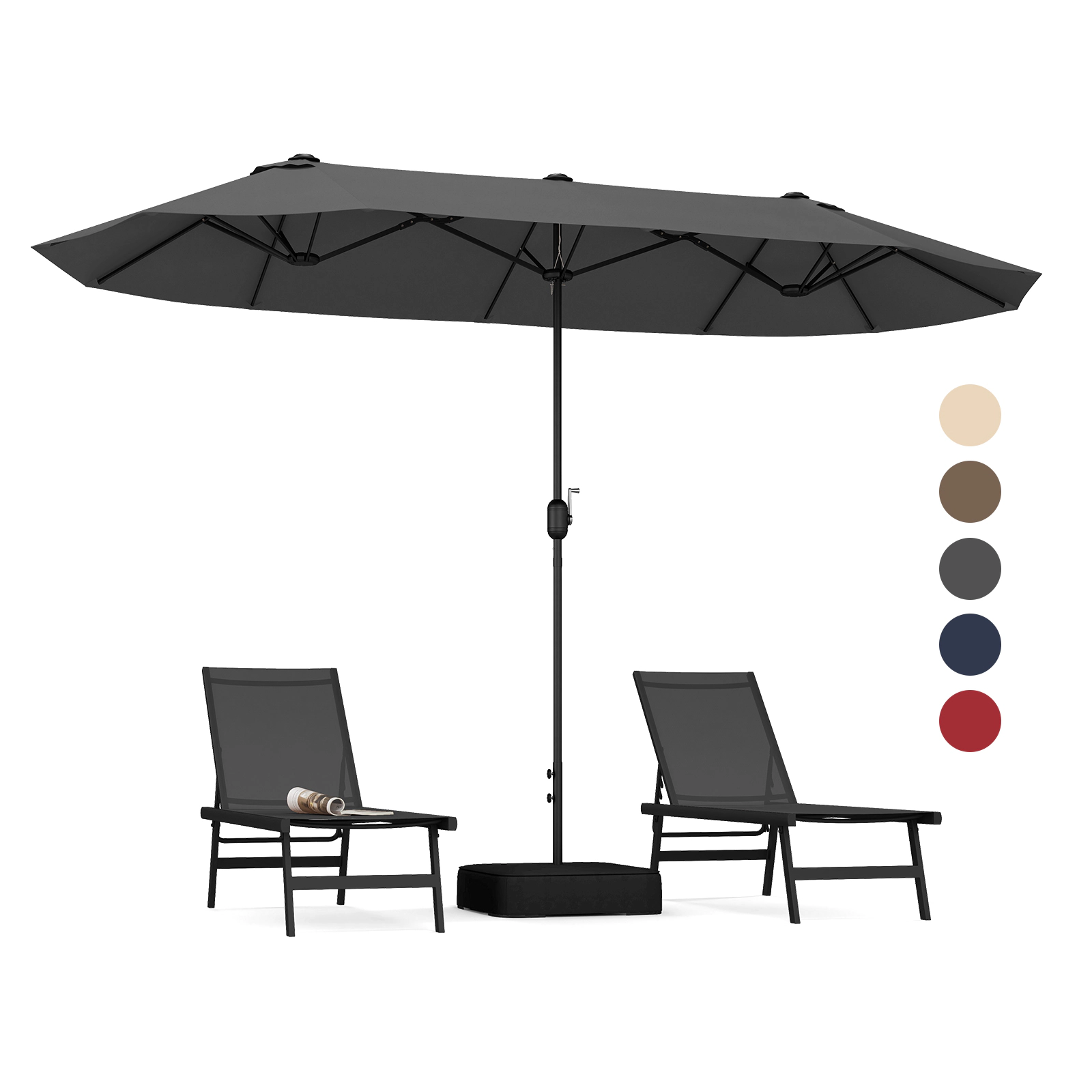 SUGIFT 13 ft Gray Rectangular Double-Sided Patio Umbrella with Crank Lift, 12 Ribs and Fillable Base
