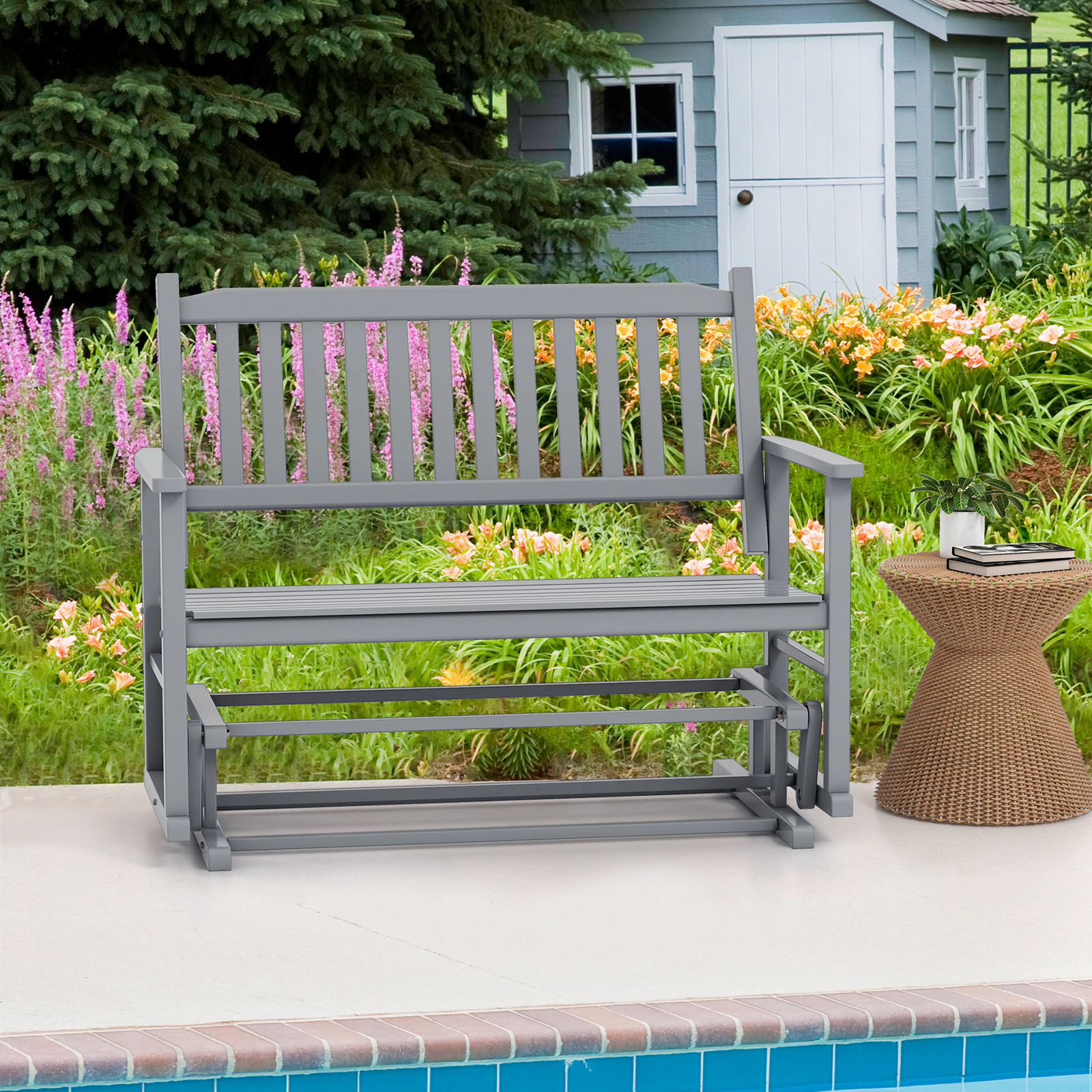 SUGIFT 2-Seat Poplar Wood Outdoor Glider Bench with Armrests and Slatted Seat 500-lb Capacity Gray