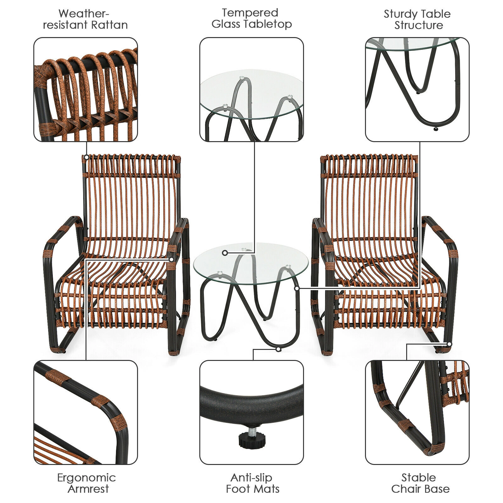 SUGIFT 3-Piece Patio Rattan Conversation Set with 2 Single Chairs & Glass Side Table 250-Lb Chair Capacity Brown & Black
