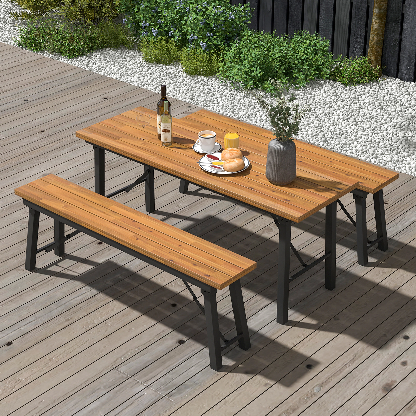 SUGIFT Outdoor Folding Dining Table and Bench Set with Acacia Wood Top 59-in Table 165-lb Capacity 55-in Benches Natural