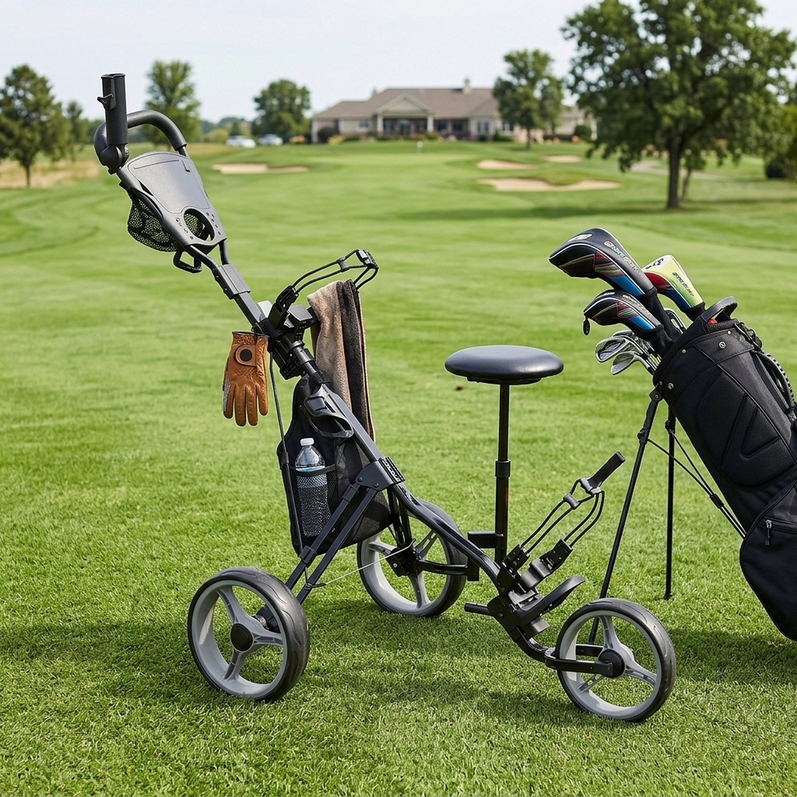 3-Wheel Folding Golf Push Cart with Seat Scoreboard Adjustable Handle Quick Brake Umbrella Holder 30-lb Gray