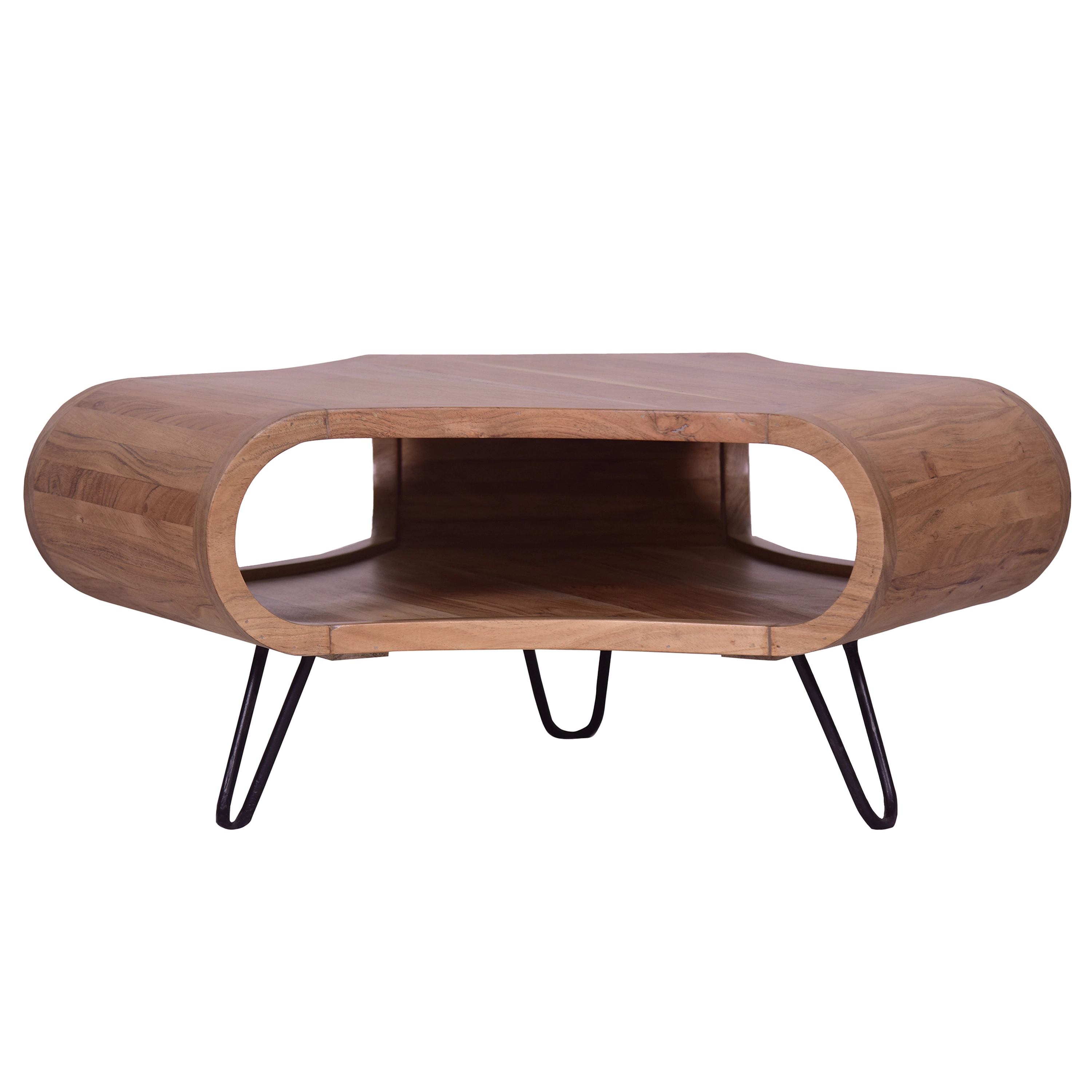 The Urban Port 37 Inch Coffee Table, Handcrafted Curved Hexagon Shape with Open Shelf, Brown Acacia Wood, Iron Legs